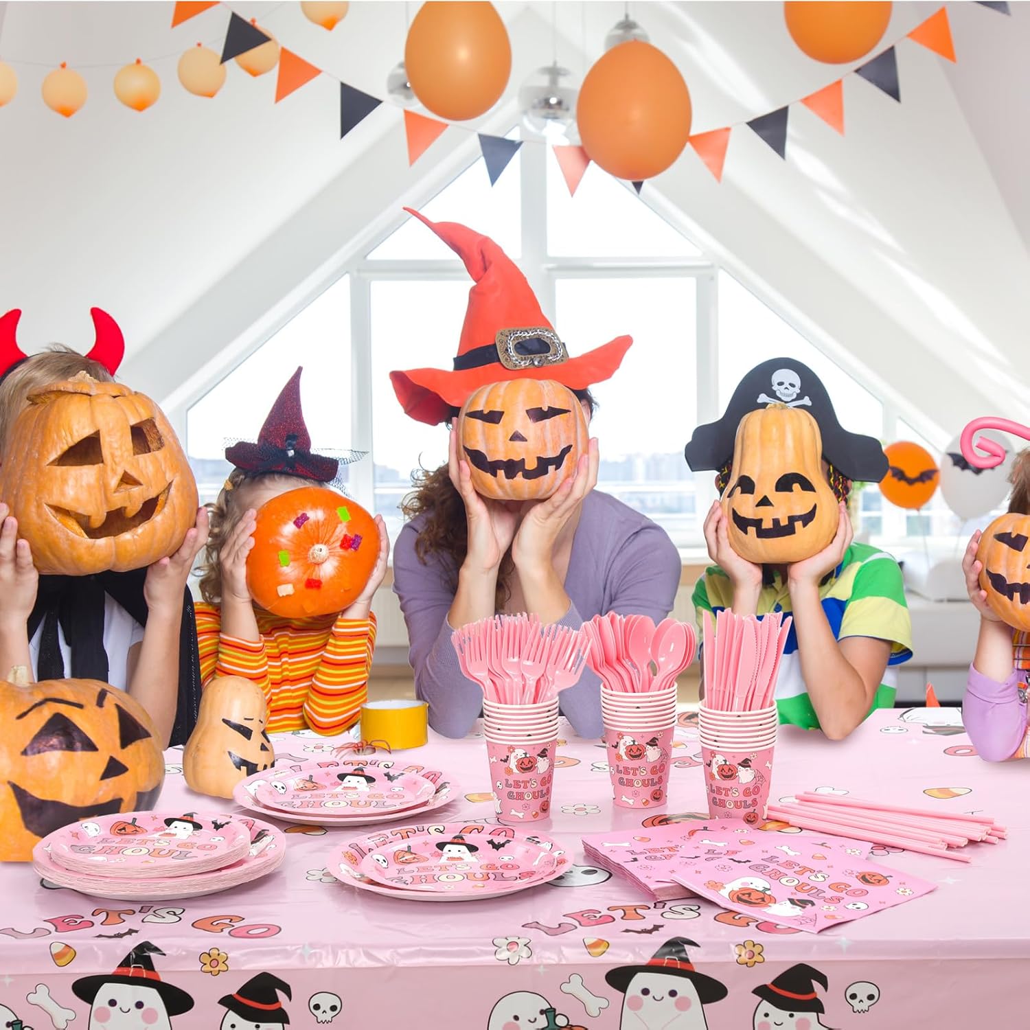 FoldTier 24 Set Halloween Party Supplies Let's Go Ghouls Pink Ghost Plates and Napkins, Plastic Tablecloth Spooky Paper Tableware for Holiday Birthday Home Table Decorations