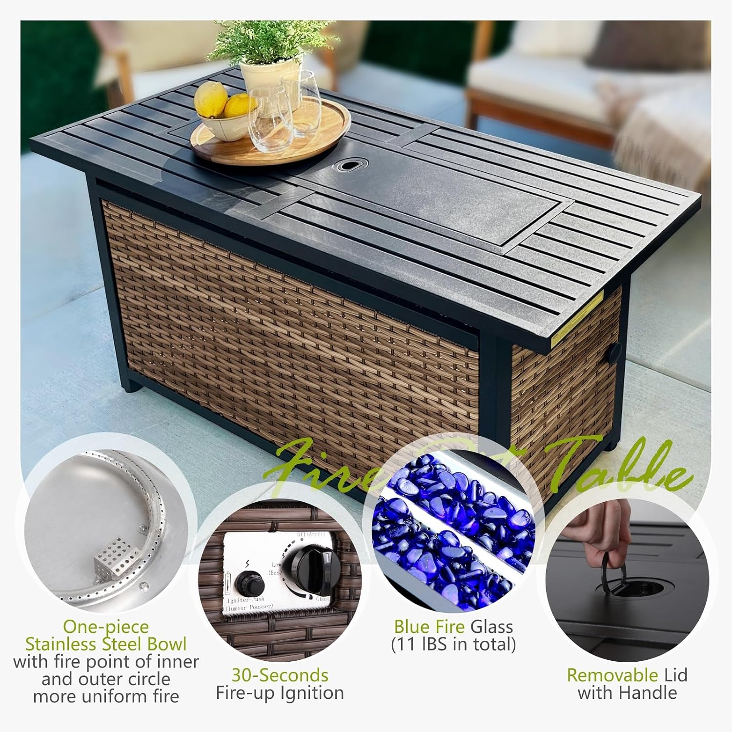 Sophia & William Patio Furniture Set with Fire Pit Table, Large Outdoor Wicker Rattan Sectional Sofa 8 Piece Patio Conversation Set for Deck, Backyard, Porch, Outside(56-Inch Fire Pit,Beige)
