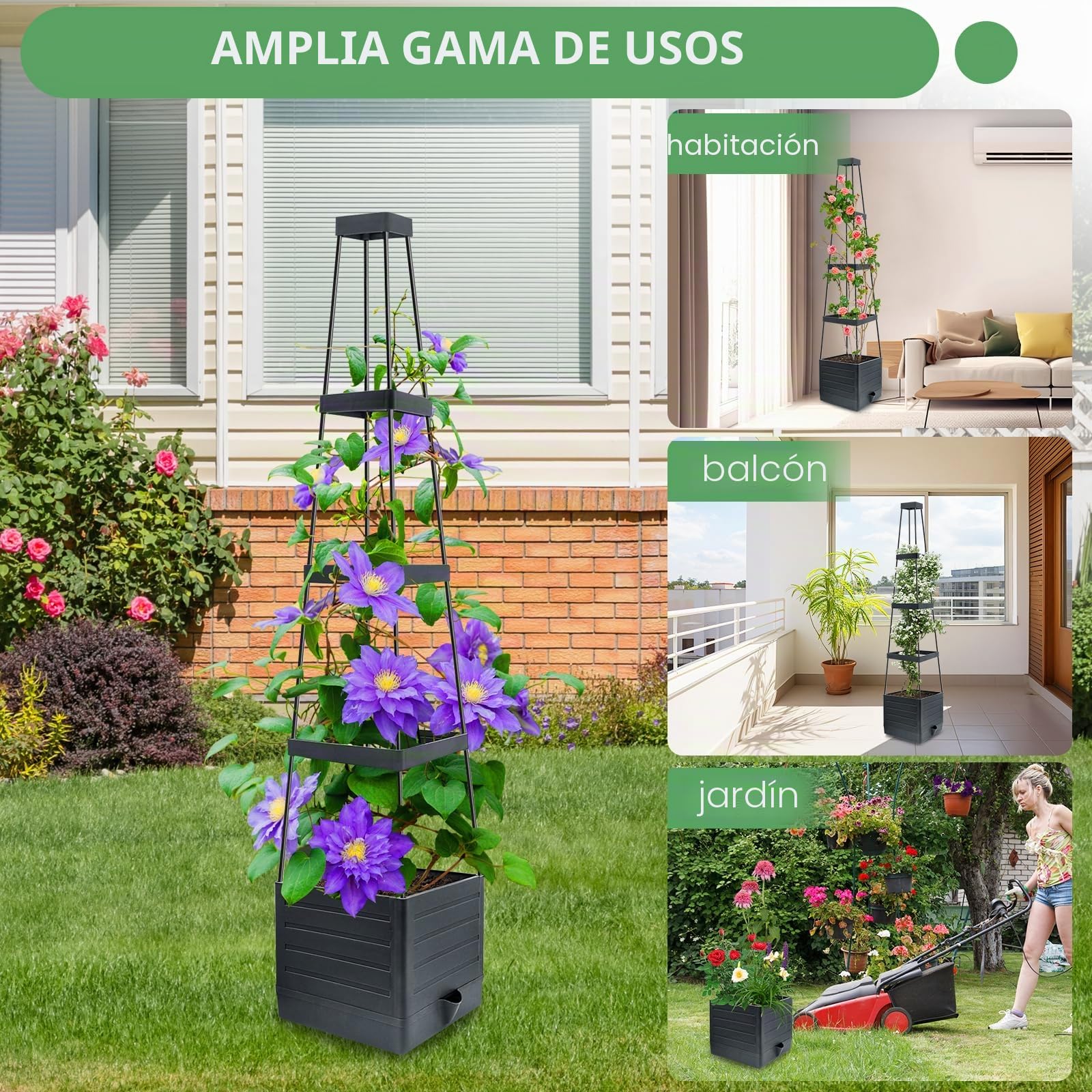 MQUPIN Paquete de 1 Camas de jardín elevadas,145cm Cama de jardín elevada con Enrejado para trepar Vegetales y Plantas, macetas de riego automático al Aire Libre, Soporte Ajustable para Vid