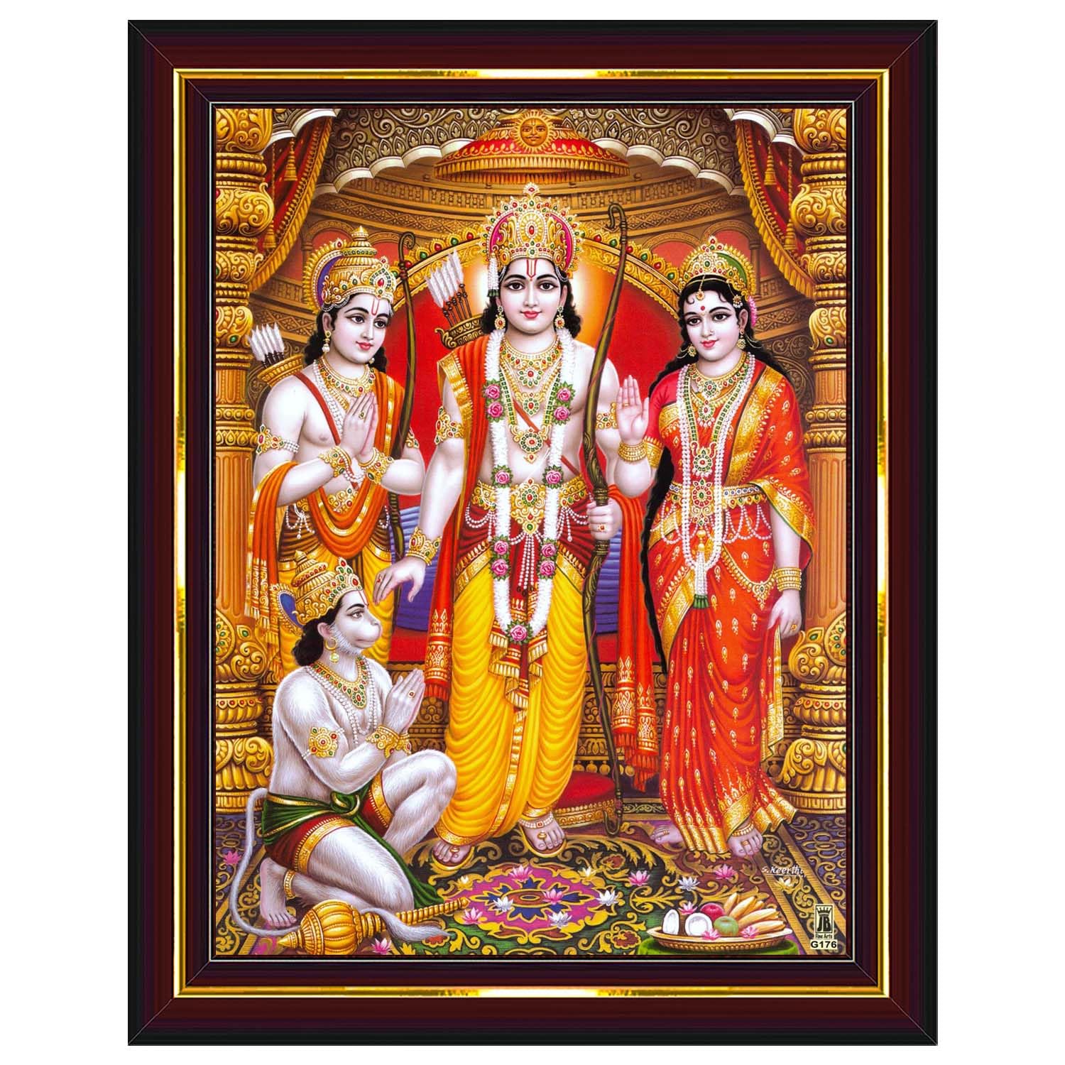 Pavan Photo Laminations Lord Sri Rama Ram Darbar Shri Sriram Parivar Family Sita Seetha Seeta Lakshman Lakshmana Hanuman Painting Engineered Wood Brown Color Small Size 6x8" B741S