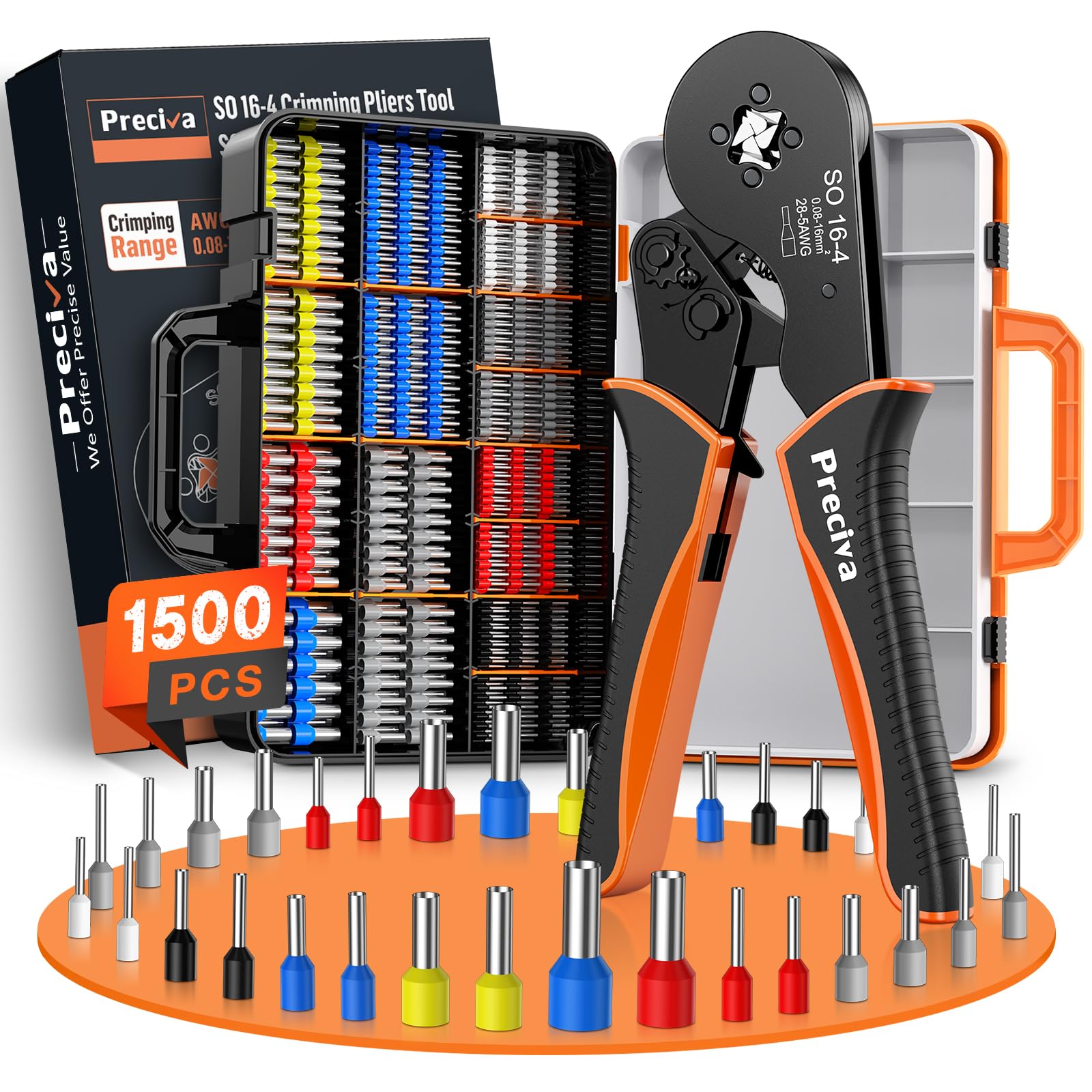 Preciva 0,08-16mm² Crimpzange Set mit Aderendhülsenzange Set 1500 Aderendhülsen Set bsteinstellend Mit einem Koffer Für Industriell, DIY Krimpzange, Crimpzangen