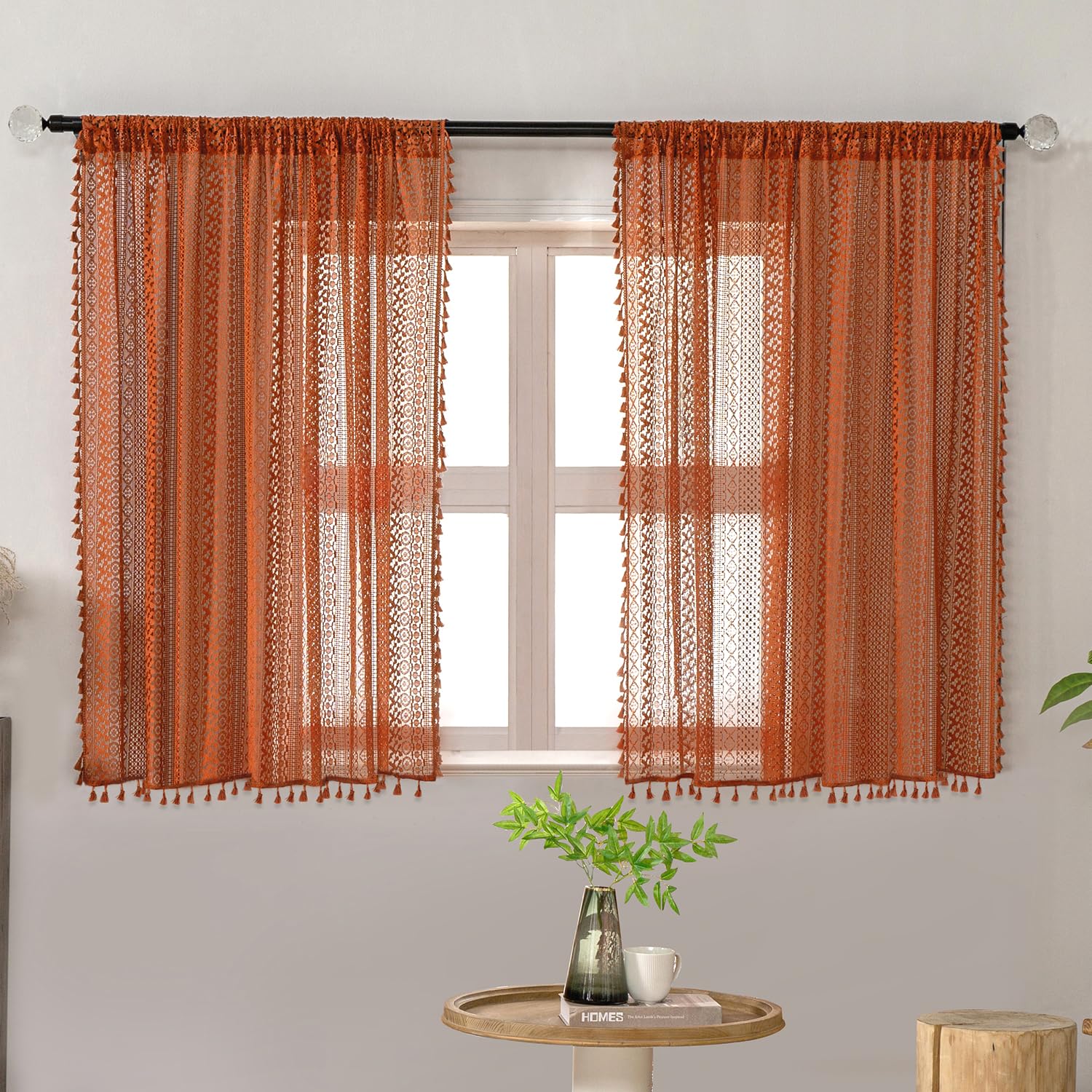 WAZZIO Burnt Orange zasłony kuchenne przezroczyste 117 cm długość sypialnia krótka mała kawiarnia kieszeń na pręt vintage jesień prywatność niech światło w bawełnianej koronce boho 2 panele, terakota
