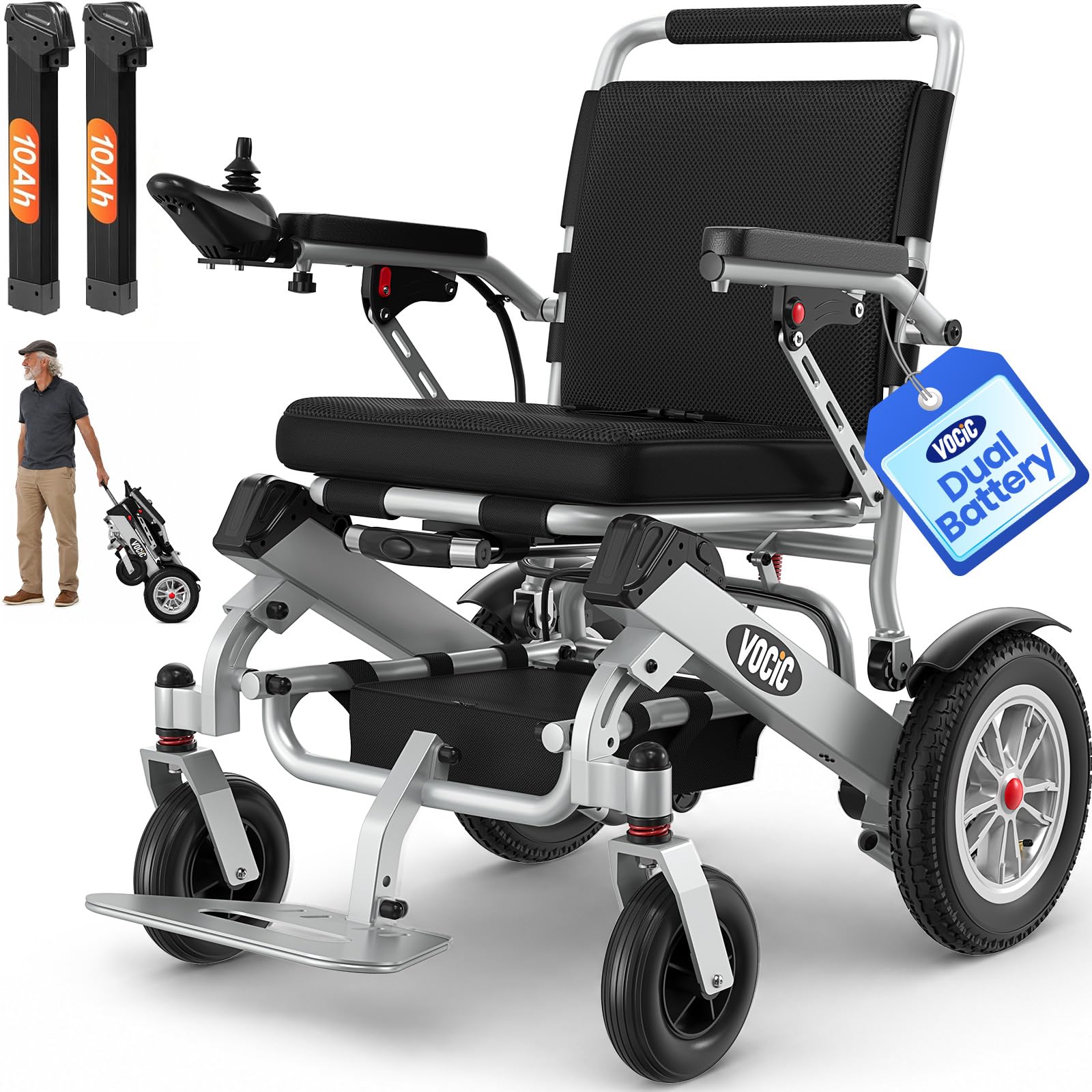VOCIC V62 Silla de ruedas eléctrica plegable de doble batería, ligera, hasta 136 kg, silla de ruedas eléctrica de 25 km con neumáticos de aire, 500 W y aprobación de avión, soporte de 3 años (plata