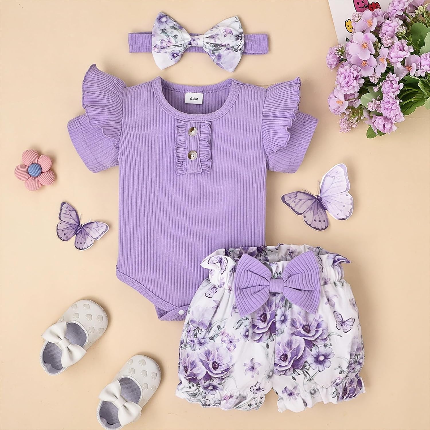 Baby Girl Clothes Summer Outfits Newborn Romper Ruffle Sleeve Infant Flower Shorts with Bow Headband Set 0-18 Months - Image 2