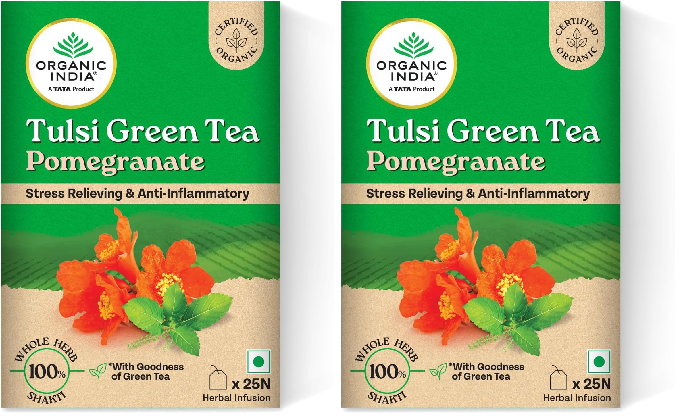 A TATA Product - Organic India Tulsi Green Tea Pomegranate - 25 Tea Bags, Certified Organic, Stress Relief, Rich in Antioxidant, Tulsi & Pomegranate Infusion (Pack of 2)-image-29