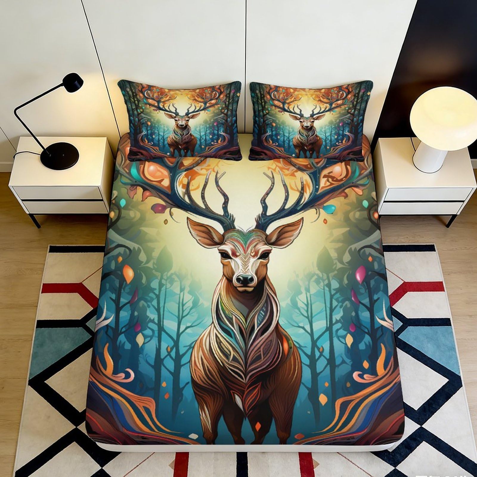 3D Printed Forest Deer Fitted Sheet Microfiber Soft Anti-Slip Bed Cover Autumn Woodland Art for Bedroom Guestroom 90x200x25cm