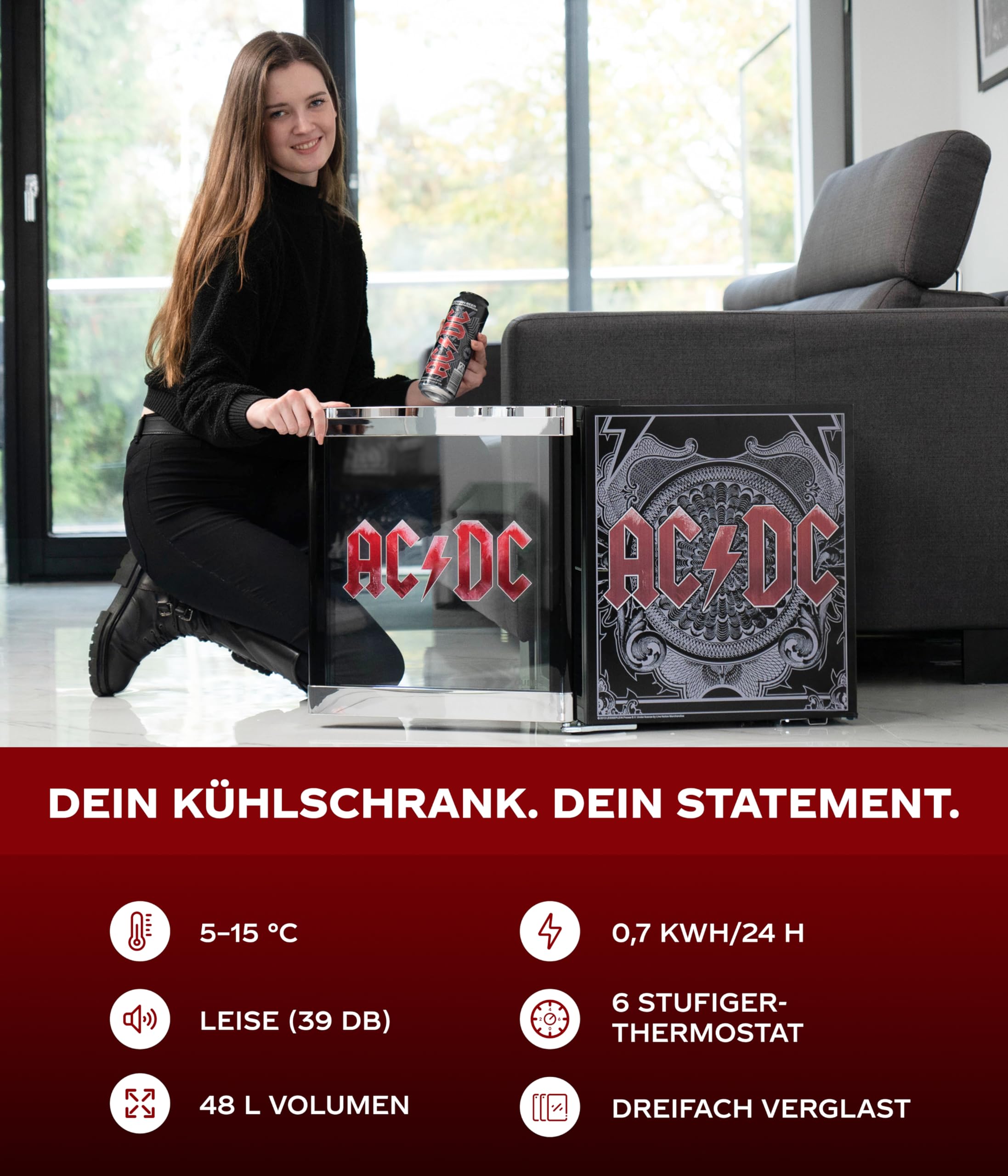 CUBES AC/DC Mini Kühlschrank 48 L Getränkekühlschrank mit Glastür wechselbarem Türanschlag leise 39 dB energieeffizient