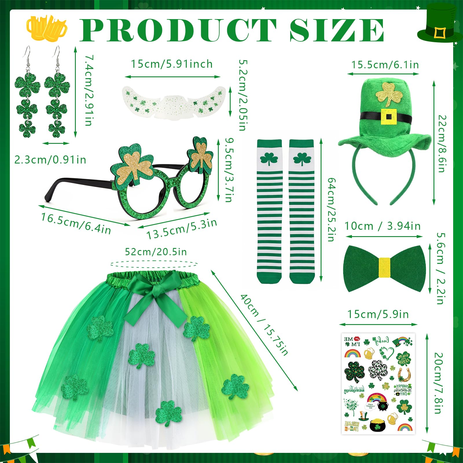 Beipegin 8 Pieces St. Patrick's Day Costume for Women,Green Tutu Skirts Green Top Hat Headband Shamrock Earrings Leprechaun Costume Striped Socks St. Patricks Day Party Favour - Image 3