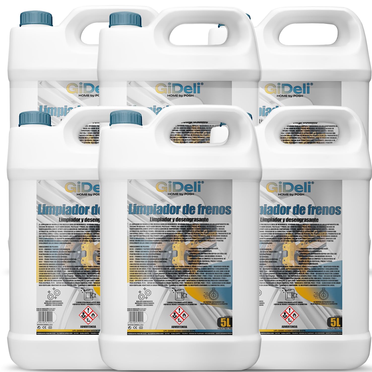 GiDeli Limpiador de frenos, bidón de 6 x 5 L, para coche, moto y bicicleta, elimina aceite, grasa, polvo de frenos, restos de pegamento, desengrasante para taller, secado rápido, no deja residuos