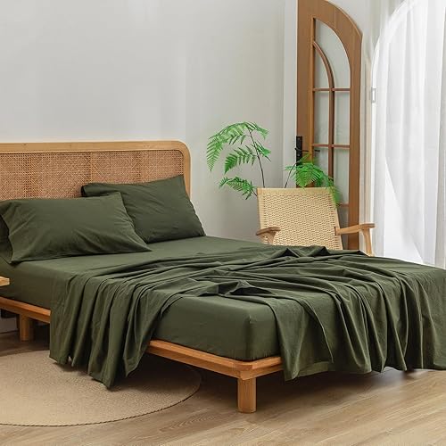 Miniatura 4 de BESTOUCH Juego de sábanas 100% algodón lavado, tacto súper suave, cómodo, elegante, ligero, juego de ropa de cama de 4 piezas, color verde oliva,