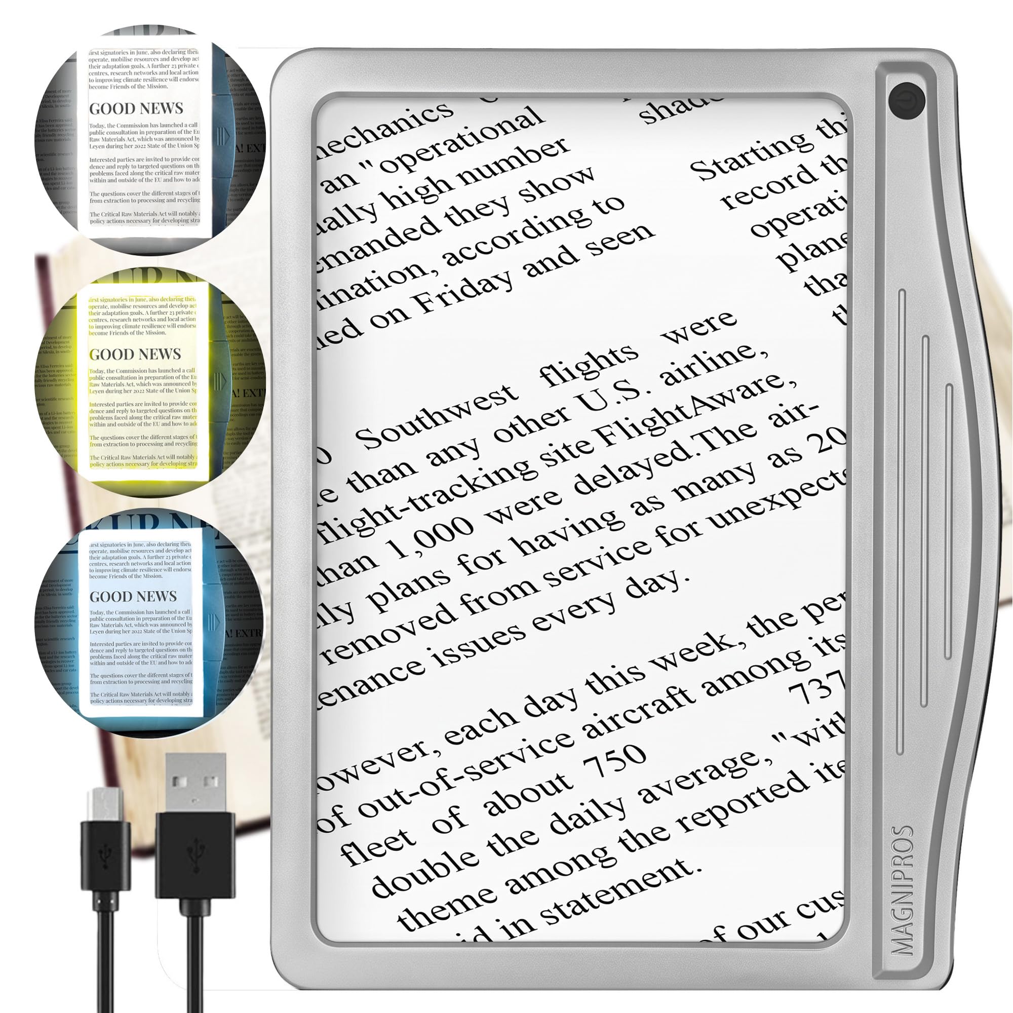MagniPros 5X Rechargeable LED Page Magnifier with 3 Color Light Modes