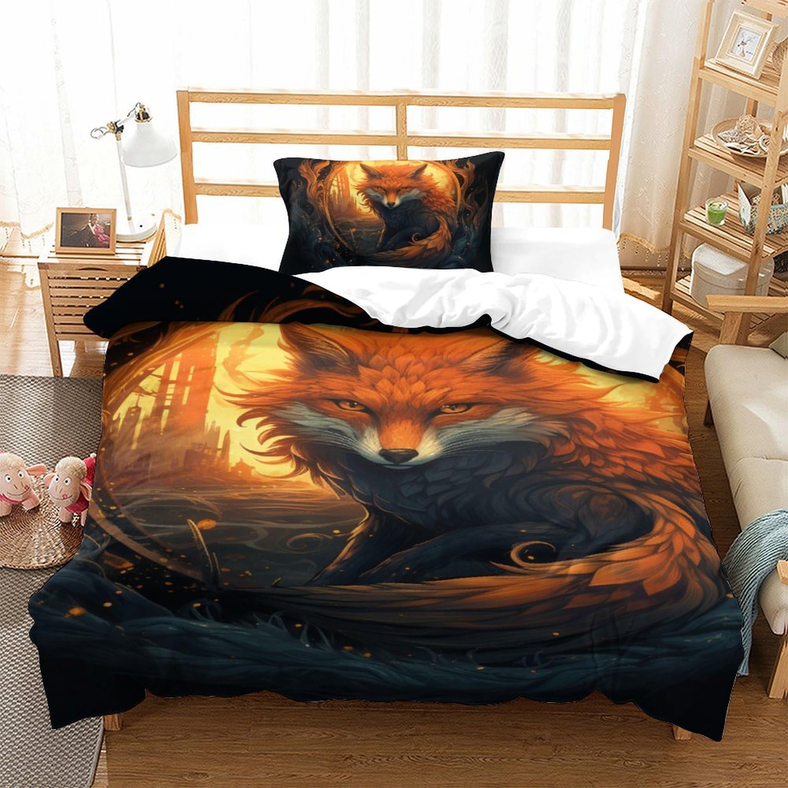 Housse de couette imprimée renard 3D avec microfibre douce et fermeture éclair pratique