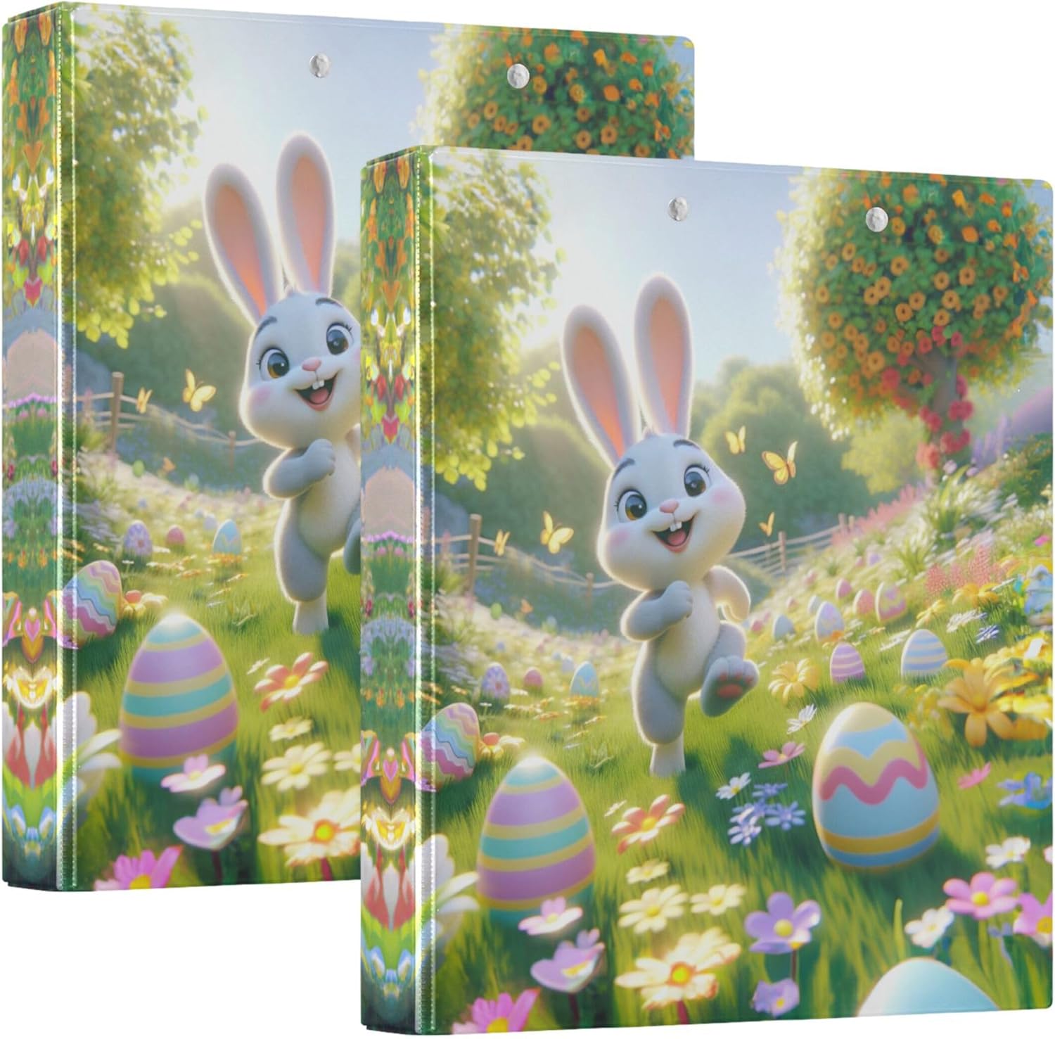 Happy Easter Bunny Eggs 3 Ring Binders, 1.5” Round Ring Binders with Clipboard - Letter Size, 3 Interior PVC Clear Pockets & Anti-Slip Clip for Office School Supplies, 2PCS
