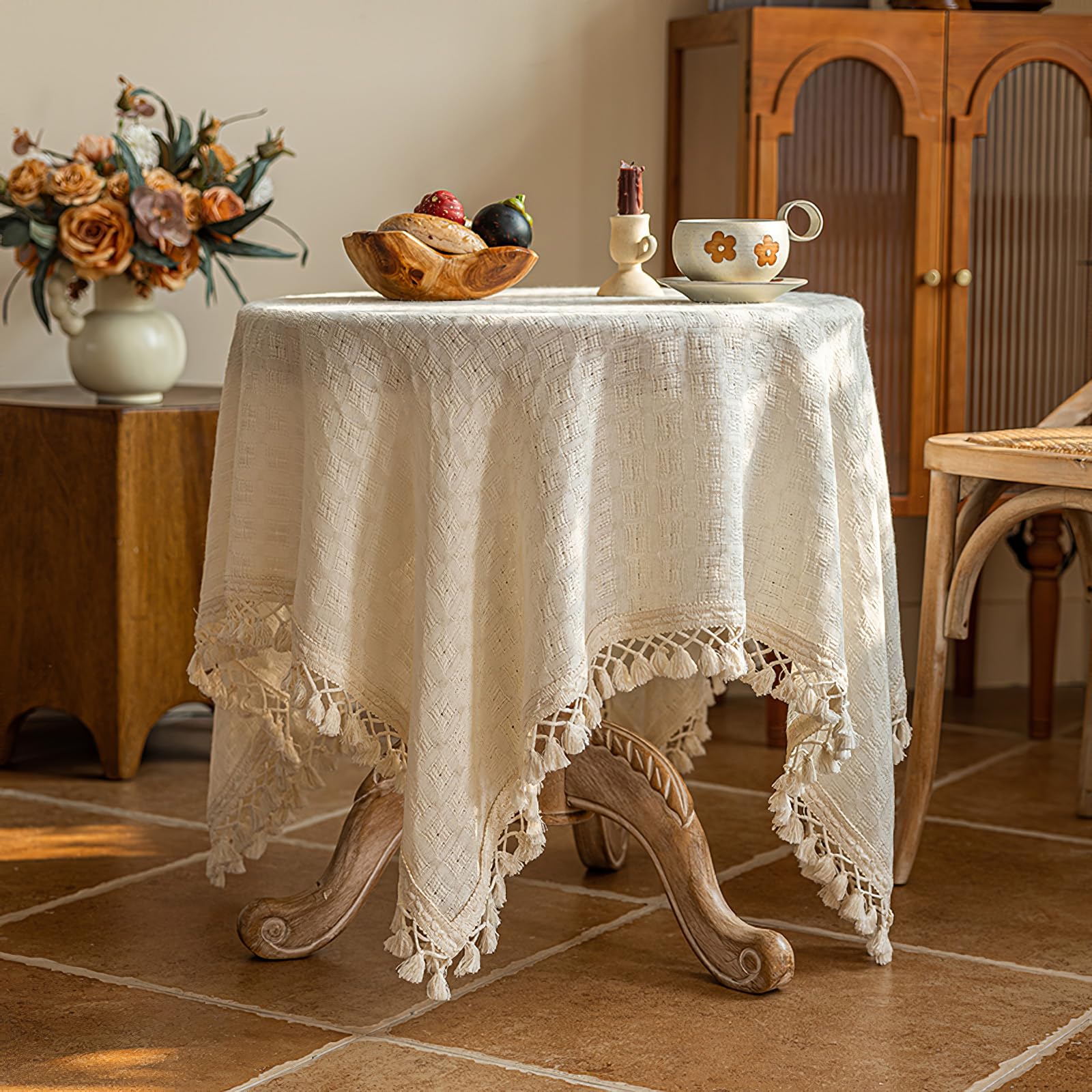 auons Small Square Tablecloth Cotton Linen Table Cloths with Tassels Macrame, Beige Rustic Farmhouse Dust-Proof Shabby Chic Table Cover, 24x24 inch