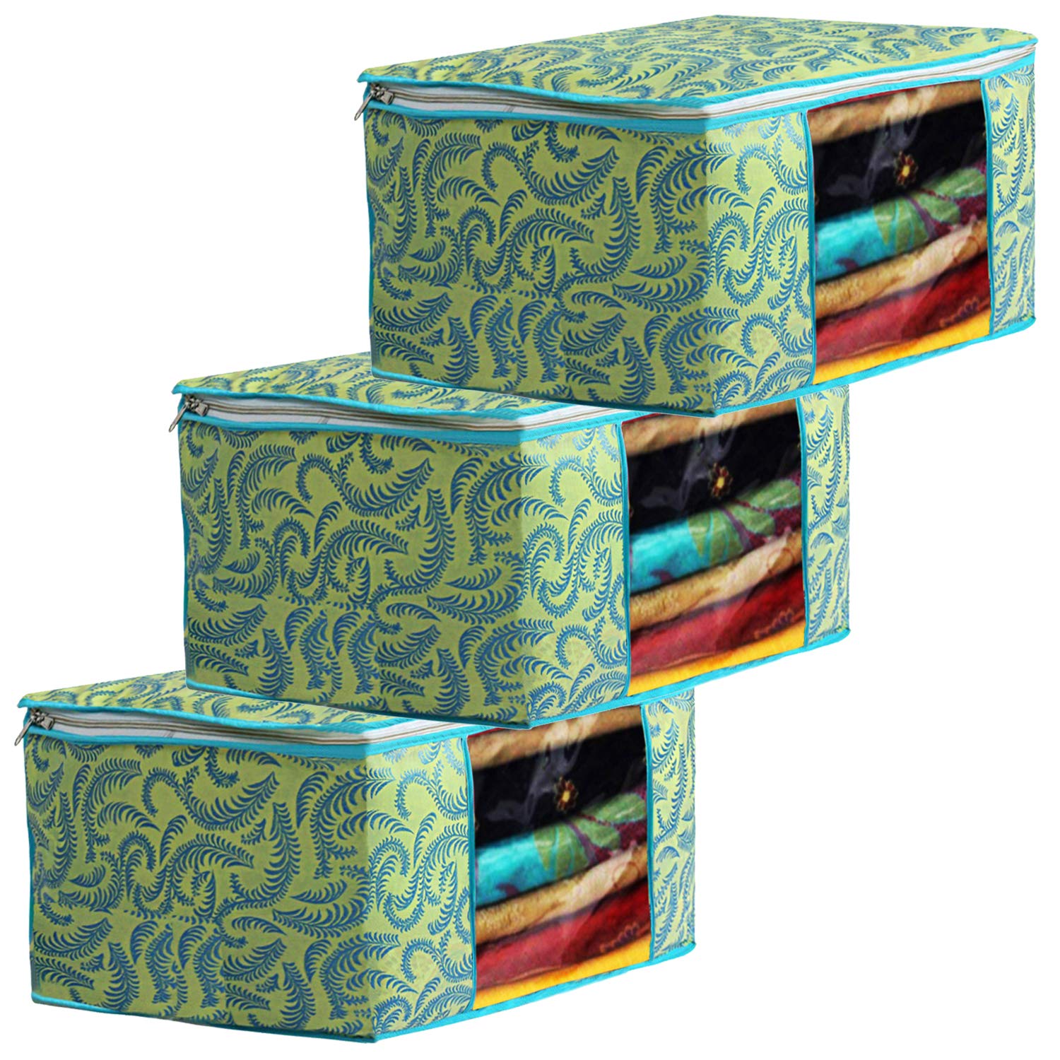 Kuber Industries Metalic Printed 3 Piece Non Woven Fabric Saree Cover Set with Transparent Window, Extra Large, Green-CTKTC31884 (B082DC8PQ8) Amazon Price History, Amazon Price Tracker
