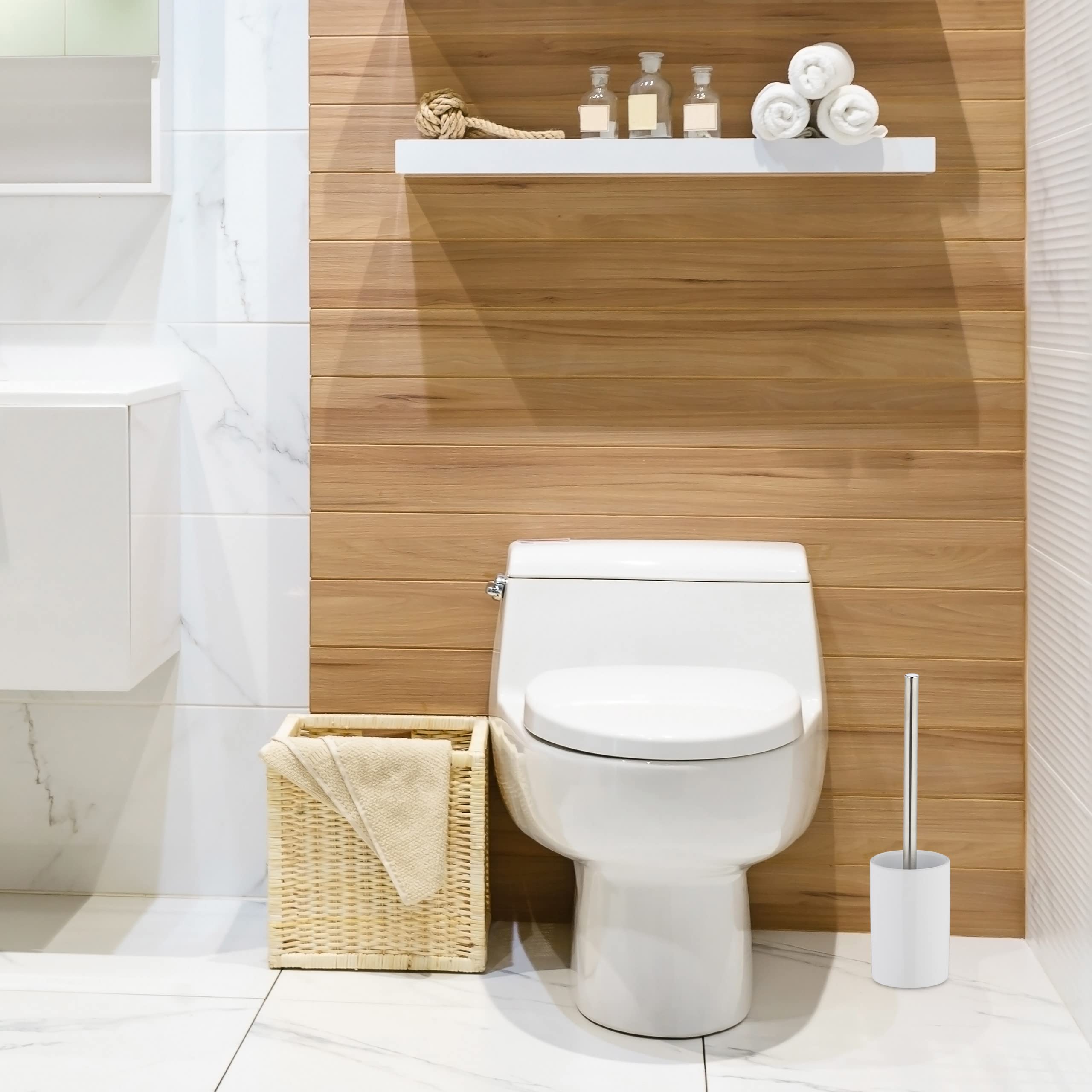 Relaxdays Set di Scopino e Portascopino in Ceramica, per Bagno e WC, Testa Sostituibile, 36 cm, da Toilette, Bianco