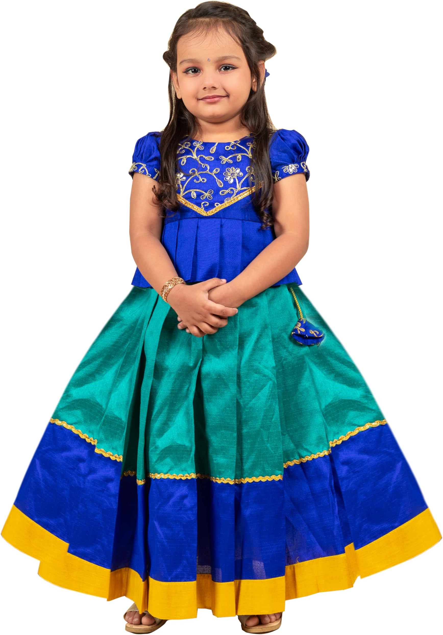 Stanwells KidsFlared Dress Puff Sleeves Readymade Hand Sequins Embroidery Ethnic Traditional Full Length South Indian Baby Girls Lehenga Choli