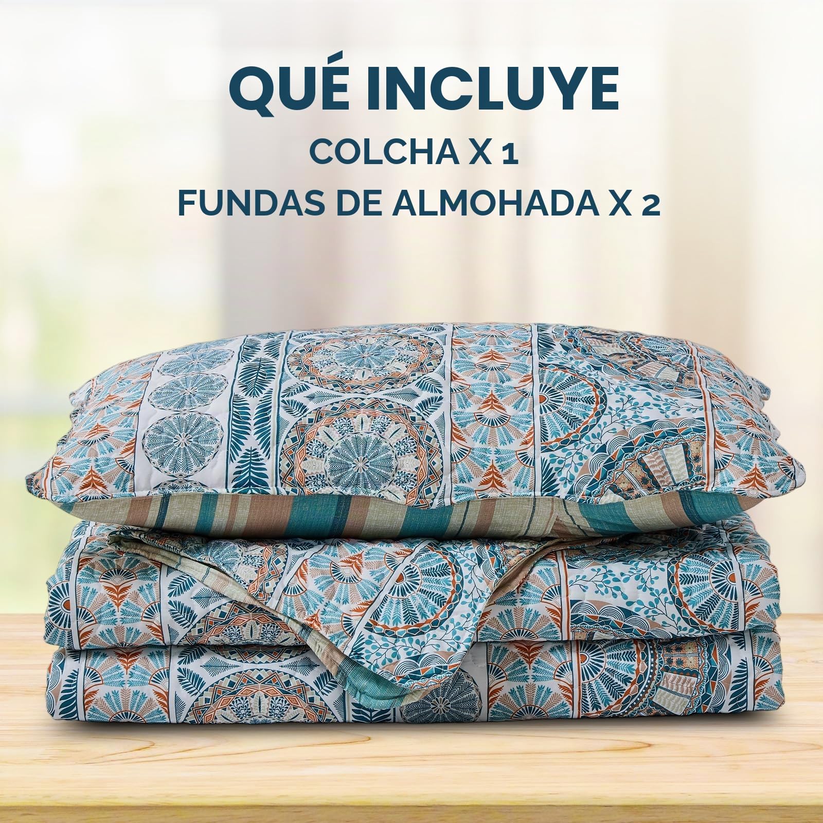 Qucover Colcha Cama 180 Bohémico, Cubrecama 250x270 cm Diseño Reversible con Motivos Geométricos Étnicos, Colcha Acolchado Azul para Decoración Interior con 2 Fundas de Almohada 50x75 cm