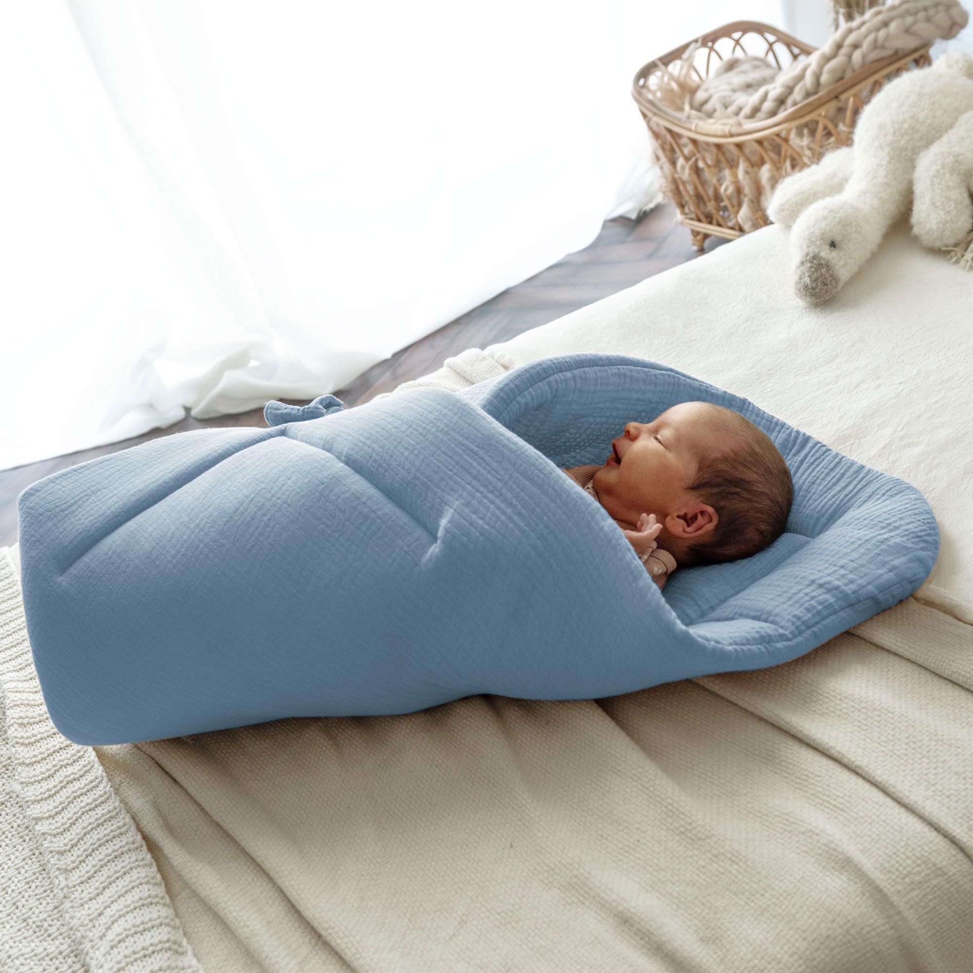 PaLulli Set 2 in 1 per neonati e coperta, 100% mussola, paracolpi per bambini, paracolpi per neonati, nido per bambini (blu)