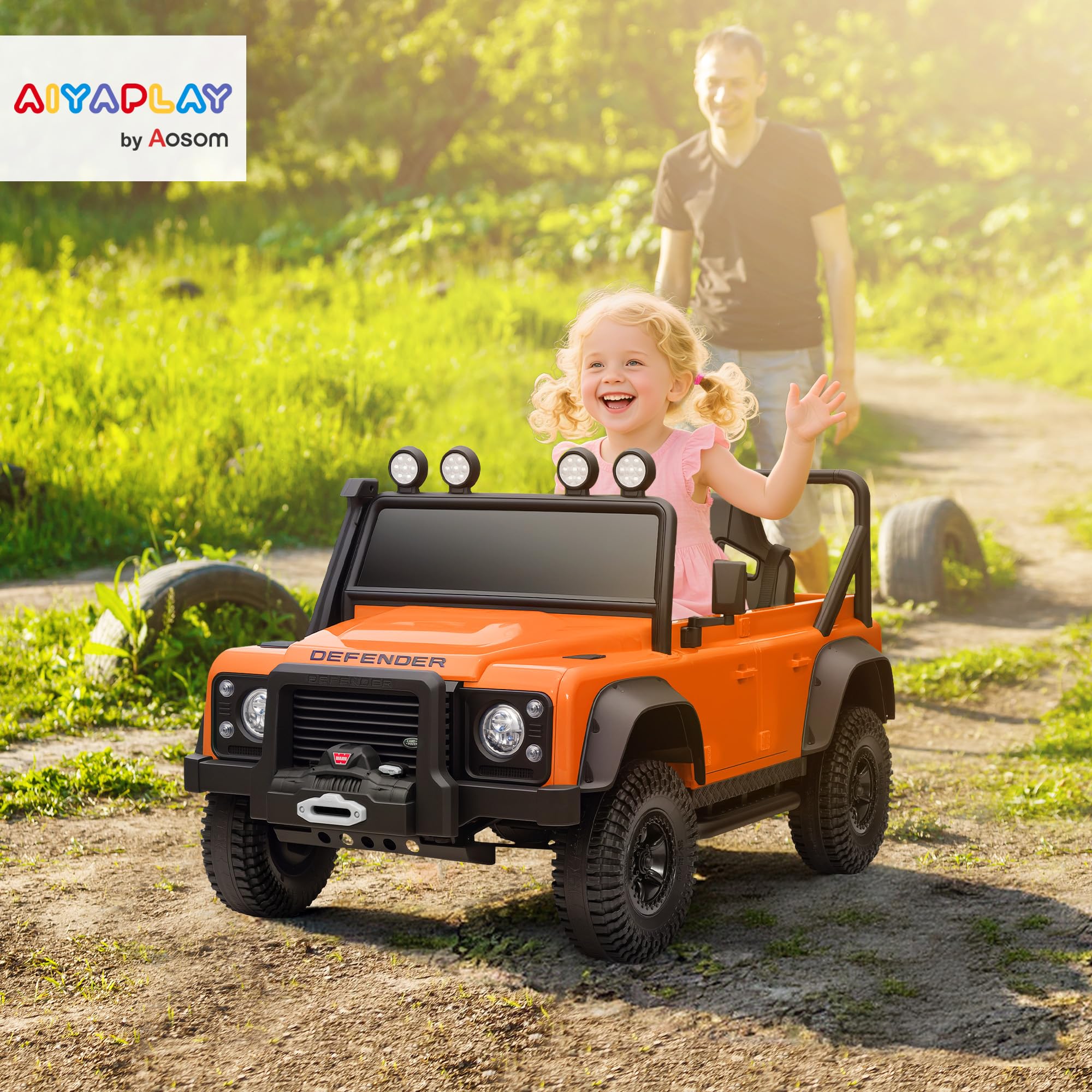 AIYAPLAY Kinder Elektroauto, Land Rover Defender 110 SVX 12V 7Ah Kinderauto mit Fernbedienung, 2 Motor, Kinderfahrzeug mit Softstart, Soft Stopp, 4 Stoßdämpfer, Hupe, MP3, Licht für 3-5 Jahre Orange