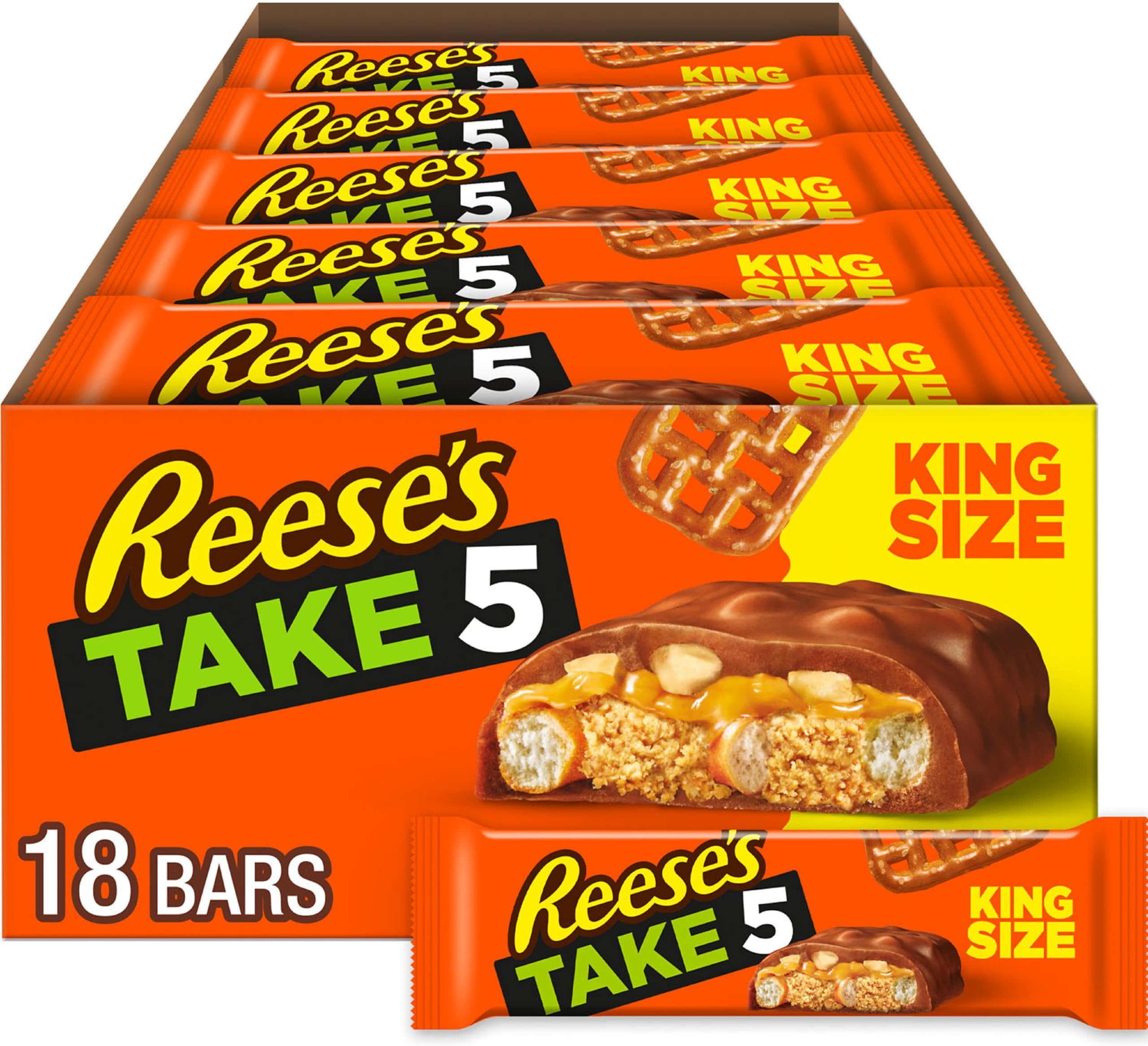 REESE'S TAKE 5 Pretzel, Peanut and Chocolate King Size, Candy Bars, 2.25 oz (18 Count)