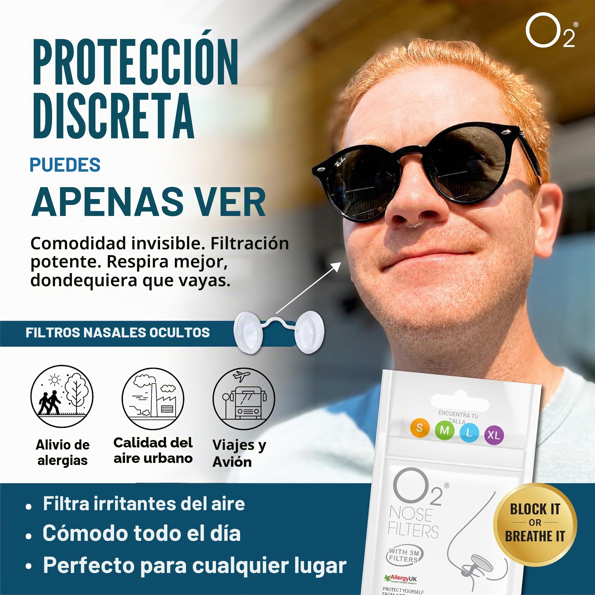 Filtros de nariz O2 con filtración 3M, pantallas nasales para alergias, polvo y humo, filtros de nariz sin medicamentos y sin látex, protección invisible contra alergias (mediano x 10)