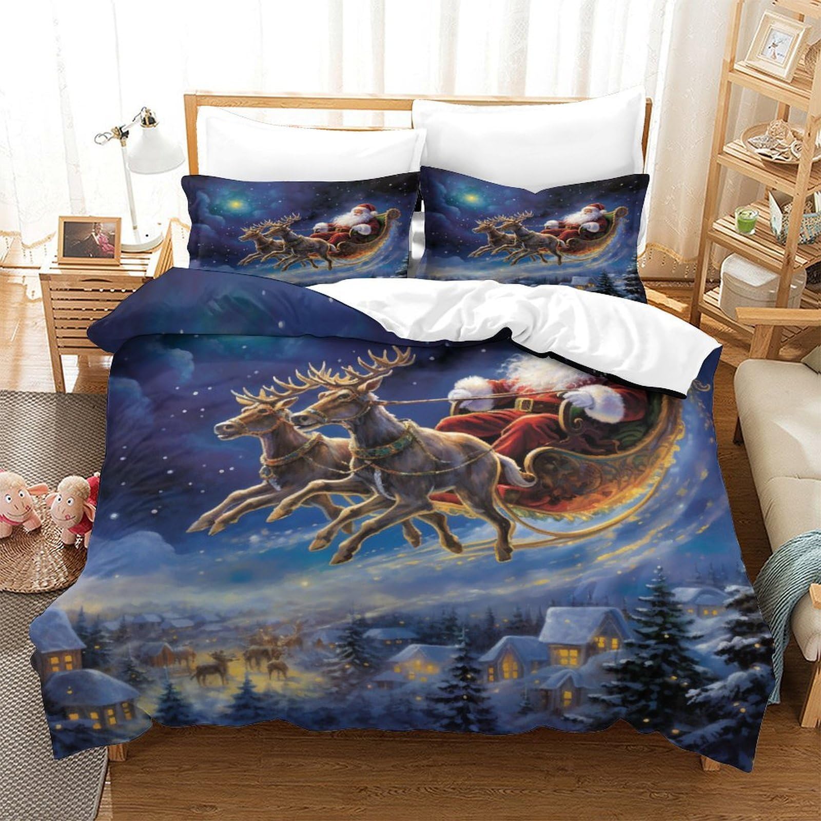 YYVKPMLXC Reindeer Sled 3D Duvet Cover Sets,Christmas Eve Scene Bedding Bed Sets Soft Microfiber Quilt Cover 3pcs, Comforter Cover with Zipper Closure for Kids Teens Adults Bedding Double（200x200cm）