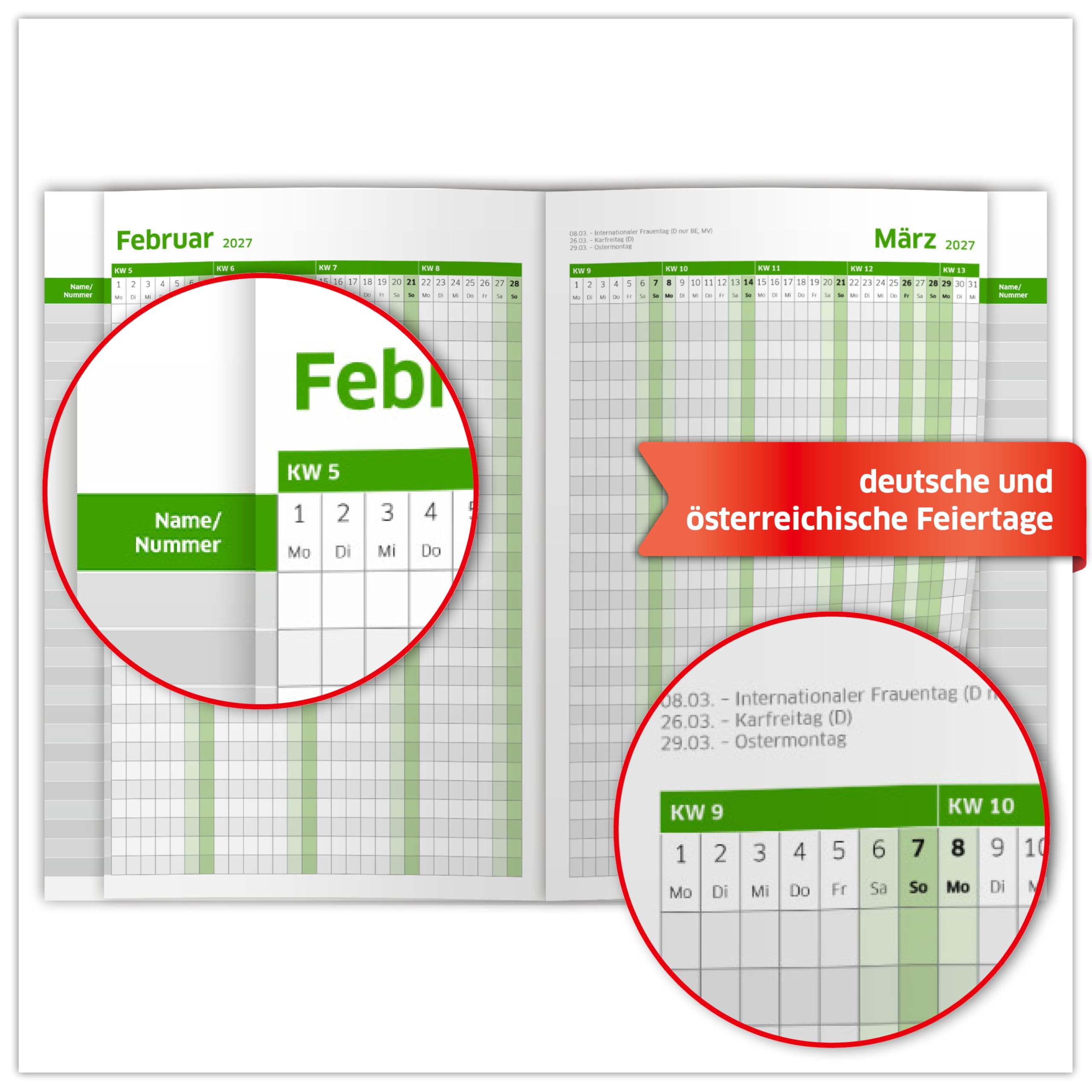 PRIMUS PRINT Belegungsplan 2026+2027 Personalplan Urlaubsplaner Dienstplan | für Firmen, Hotels, Gastronomie, bis zu 30 MA/Tische/Buchungen, inkl. Feiertage und Ferien - 210x295mm - (3x 2027)