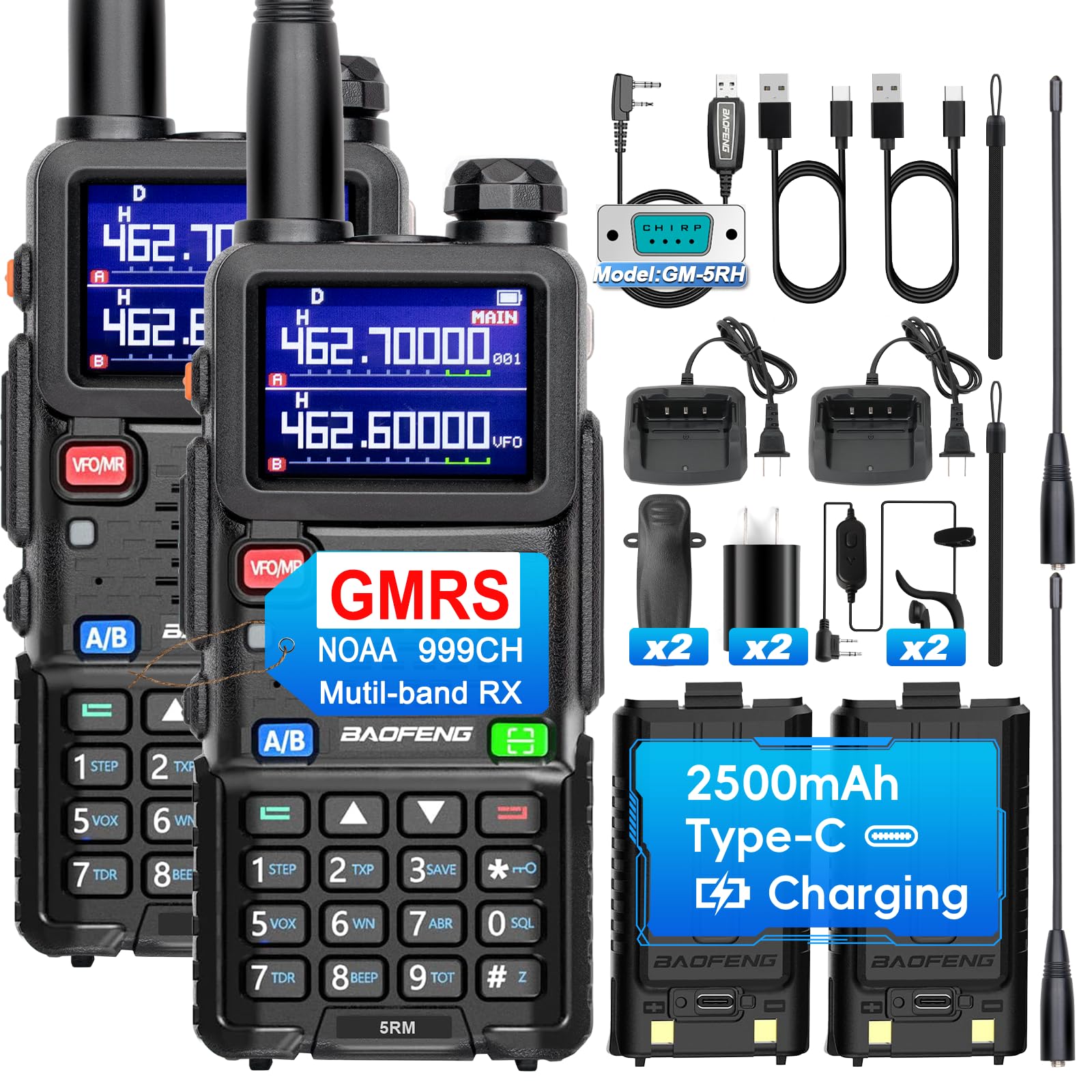 BAOFENG GMRS Handheld Radio, 5RM GMRS Long Range Two Way Radios, NOAA/FM/UHF/1.25M/VHF Receiver & Scanner, 999 CH, 2500mAh Type-C Battery, Frequency Match- 2 Pack Full kit