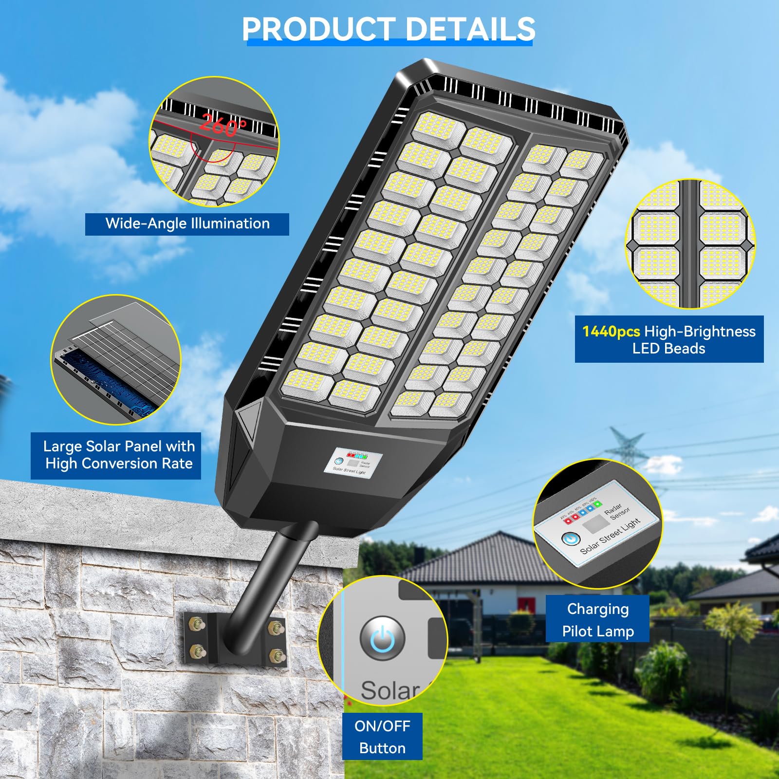 Adewalk 8000W Lampione Solare Led Esterno con Telecomando, IP66 Impermeabile Lampada Stradale Solare con Sensore di Movimento, 6500K Super Bright Lampioni da Giardino Esterno Solari per Garage Strada