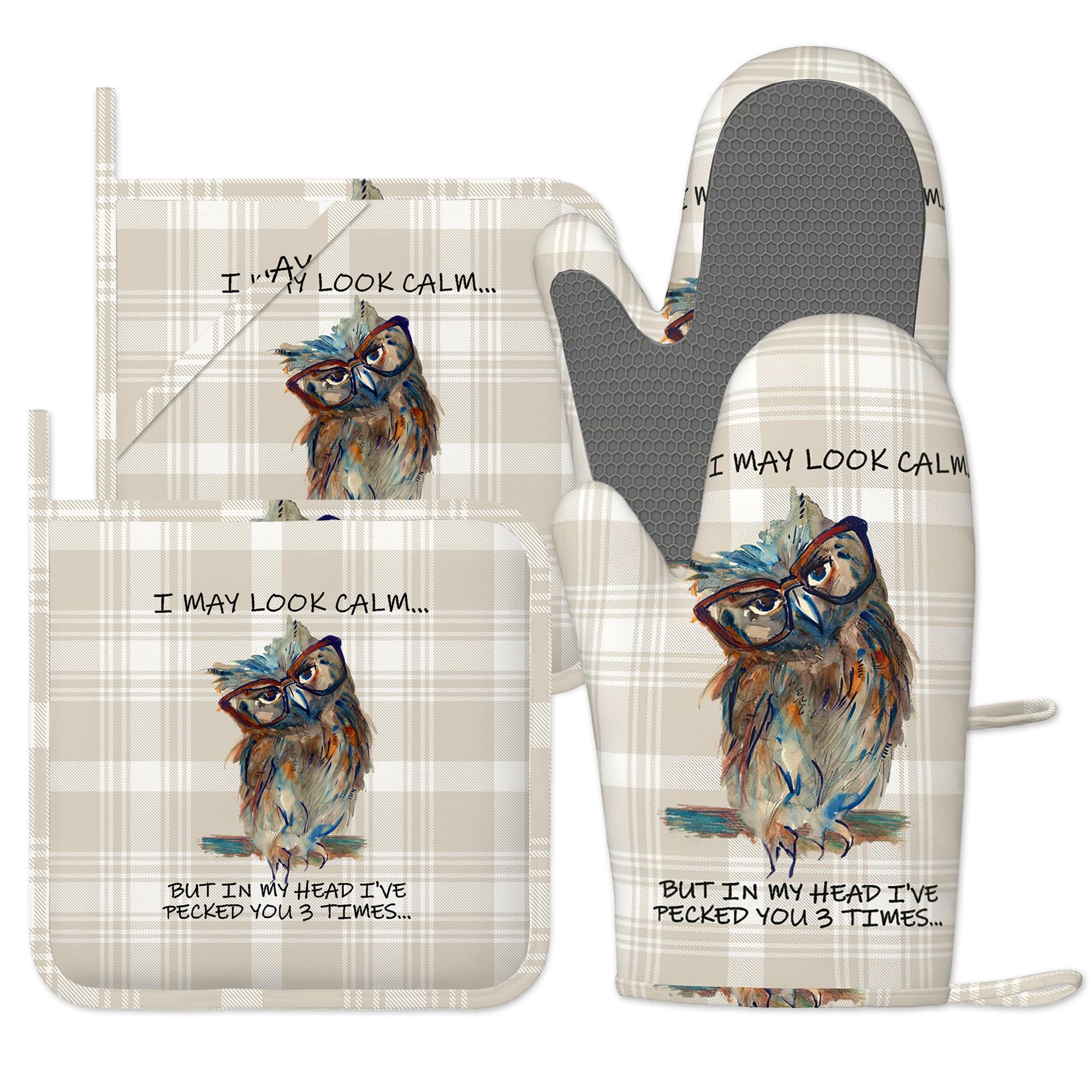Funny Owl Oven Gloves Heat Resistant, Oven Mitts and Pot Holder Cute Buffalo Plaid Kitchen Non-Slip Silicone Cooking Microwave Gloves for Cooking Baking Grilling