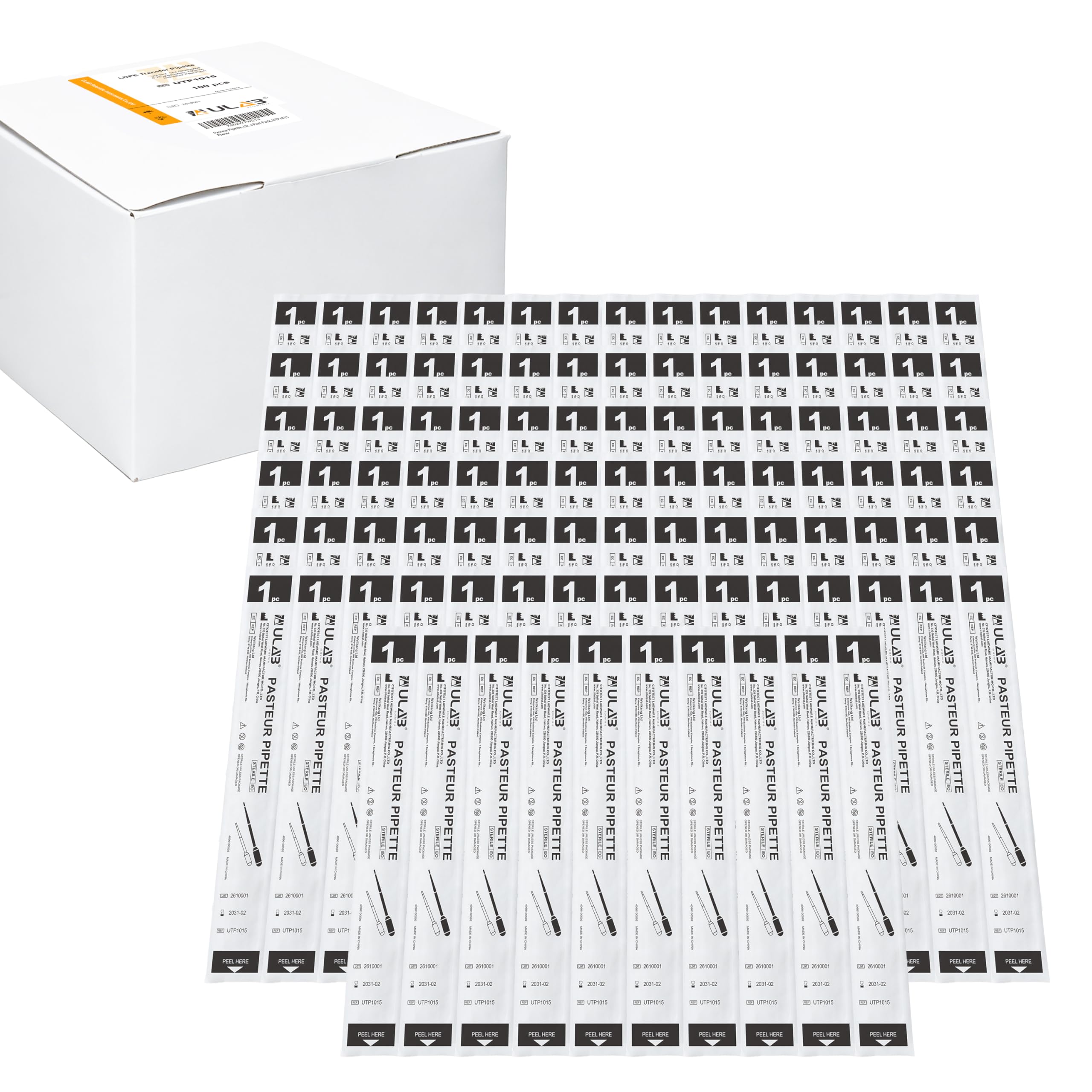 ULAB Pipetta di trasferimento sterile per oli essenziali, vol. 3 ml, 1 ml, graduata, 0,25 ml, intervallo di gradazione, lunghezza 140 mm, materiale in polietilene, confezione singola Peel Pack UTP1015