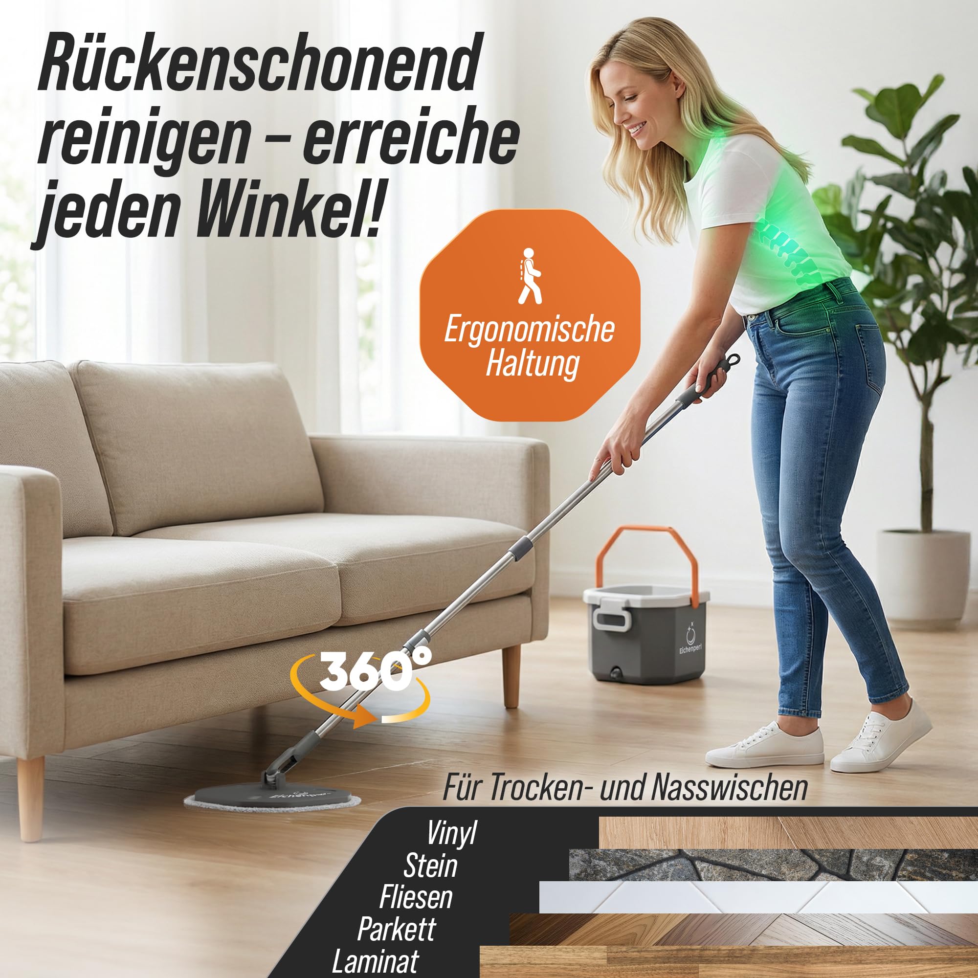Wischmop Set mit Eimer - 2-Kammer Wischsystem & Bodenwischer mit Auswringfunktion - Schmutzwasser-Trennung, 360° Wischer mit Mikrofaser Pads für Parkett, Laminat & Fliesen