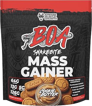 BOA Snakebite Mass Gainer Powder 64g Protein, 126g Carbs & 5g Creatine Per Serving High Calorie Weight Gainer for Muscle Growth & Recovery Chocolate, Vanilla, Cookie Butter Cookie Butter