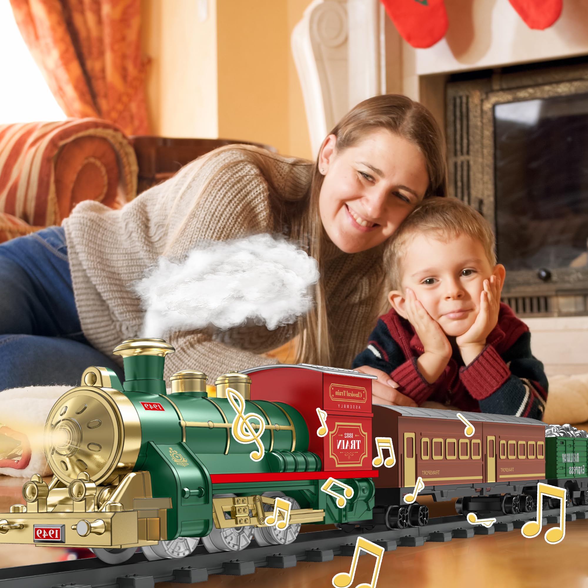 Jeu de train électrique pour enfants, train de Noël avec fumée, lumière et son pour dessous de sapin de Noël, trains modèles pour enfants de 3, 4, 5, 6, 7, 8 ans et enfants