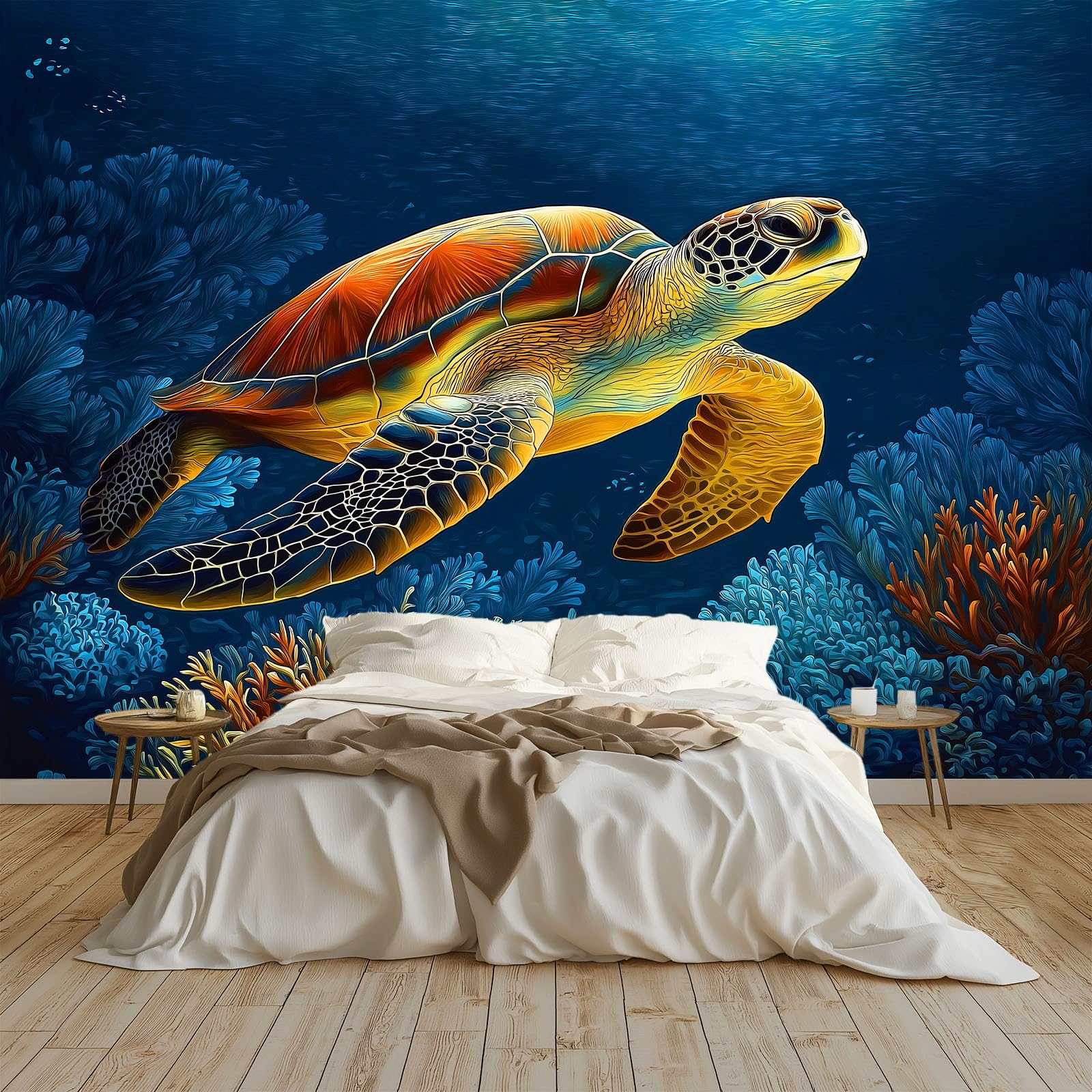 Fototapeta z włókniny, styl kreskówkowy, tapeta 200 x 140 cm (szer. x wys.), nowoczesna tapeta z włókniny, efekt 3D, dekoracja ścienna, morze, rafa koralowa, żółw, tapeta z motywem, tapeta ścienna