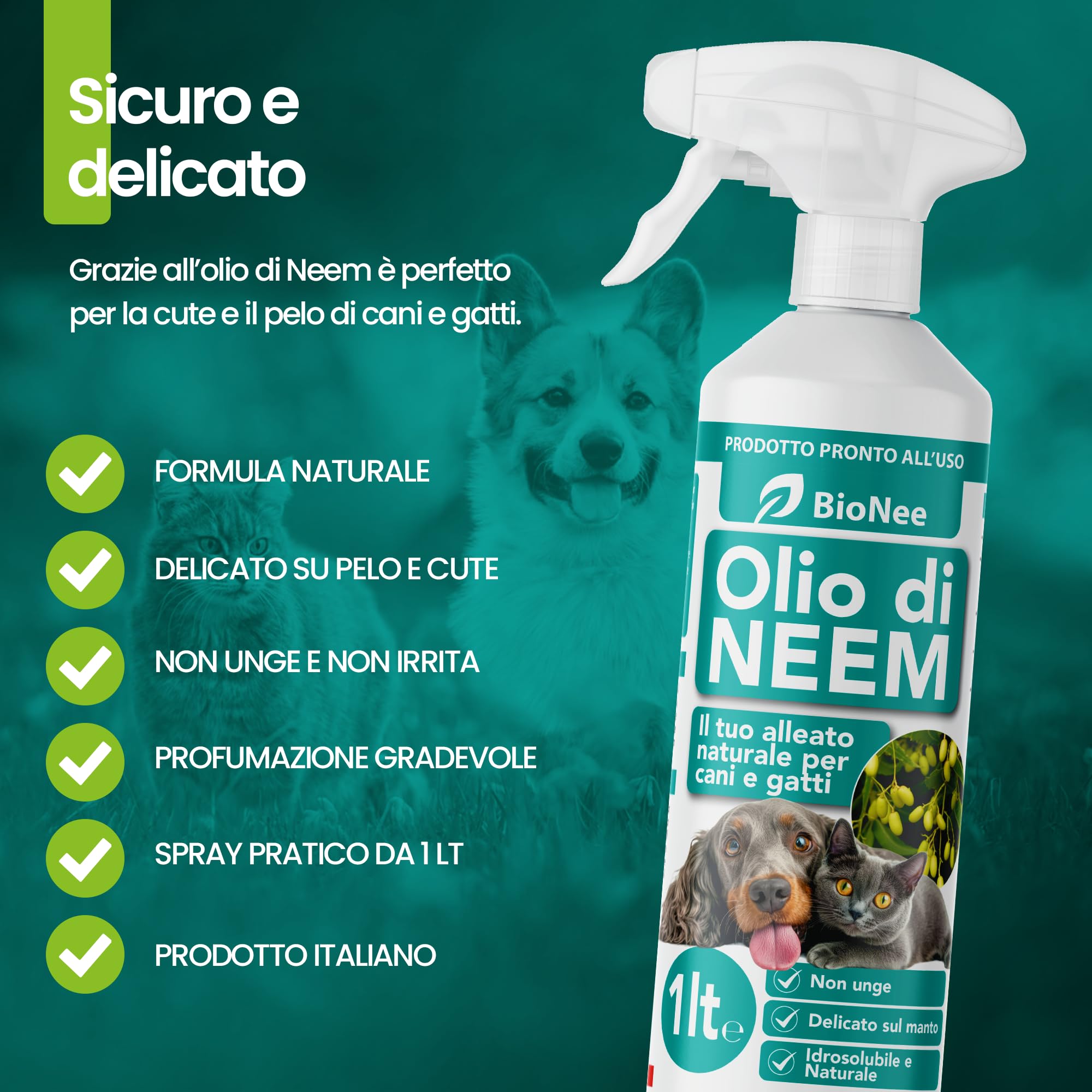 Huile de Neem pour Chiens et Chats Spray 1 L - Hydrosoluble, Naturel, Non Graisse - Action Délicate, Effet Barrière Dégoûté à Tiques Chiques Moustiques Insectes