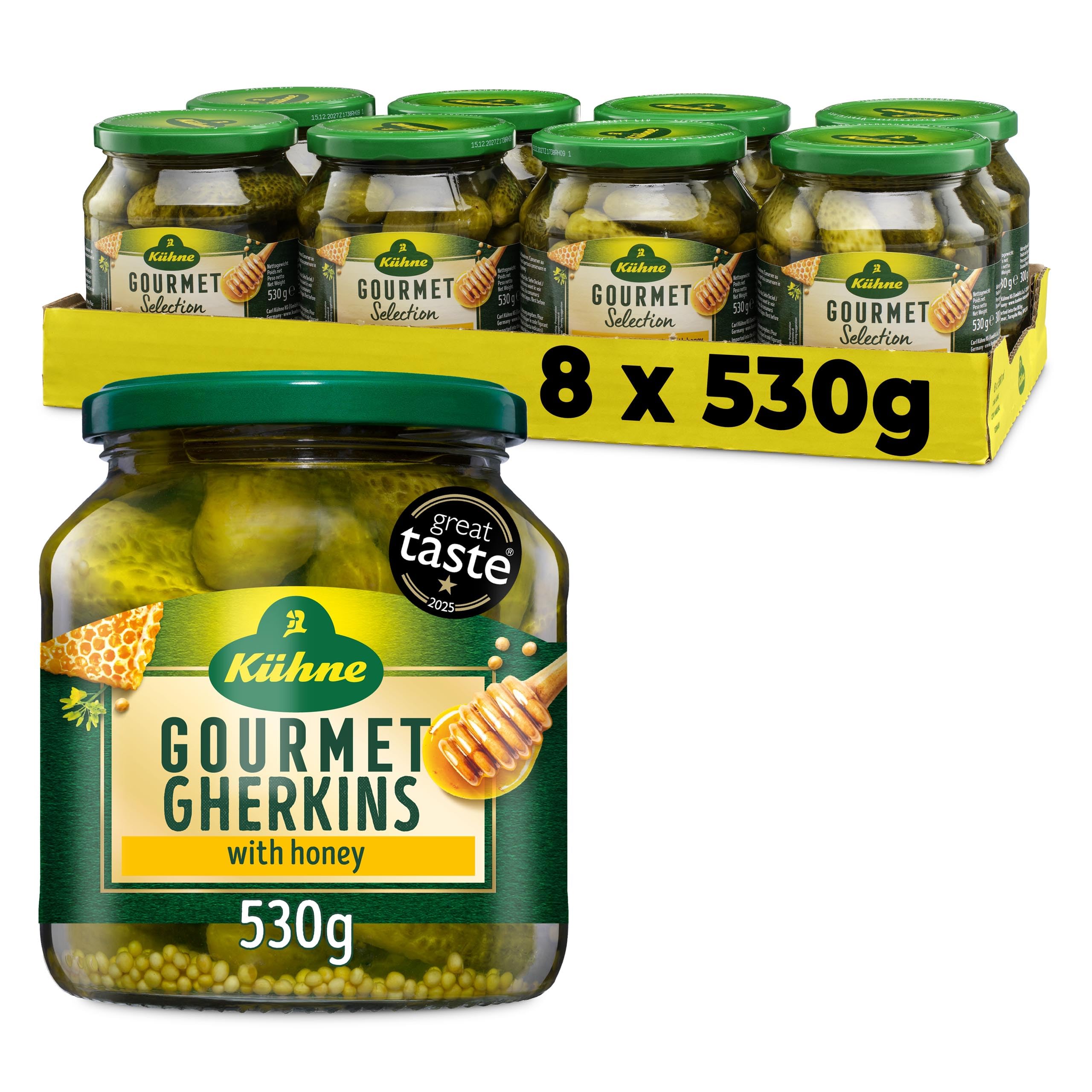 Kuhne Gherkins Gourmet Selection with Honey, 530g, (Pack of 8)