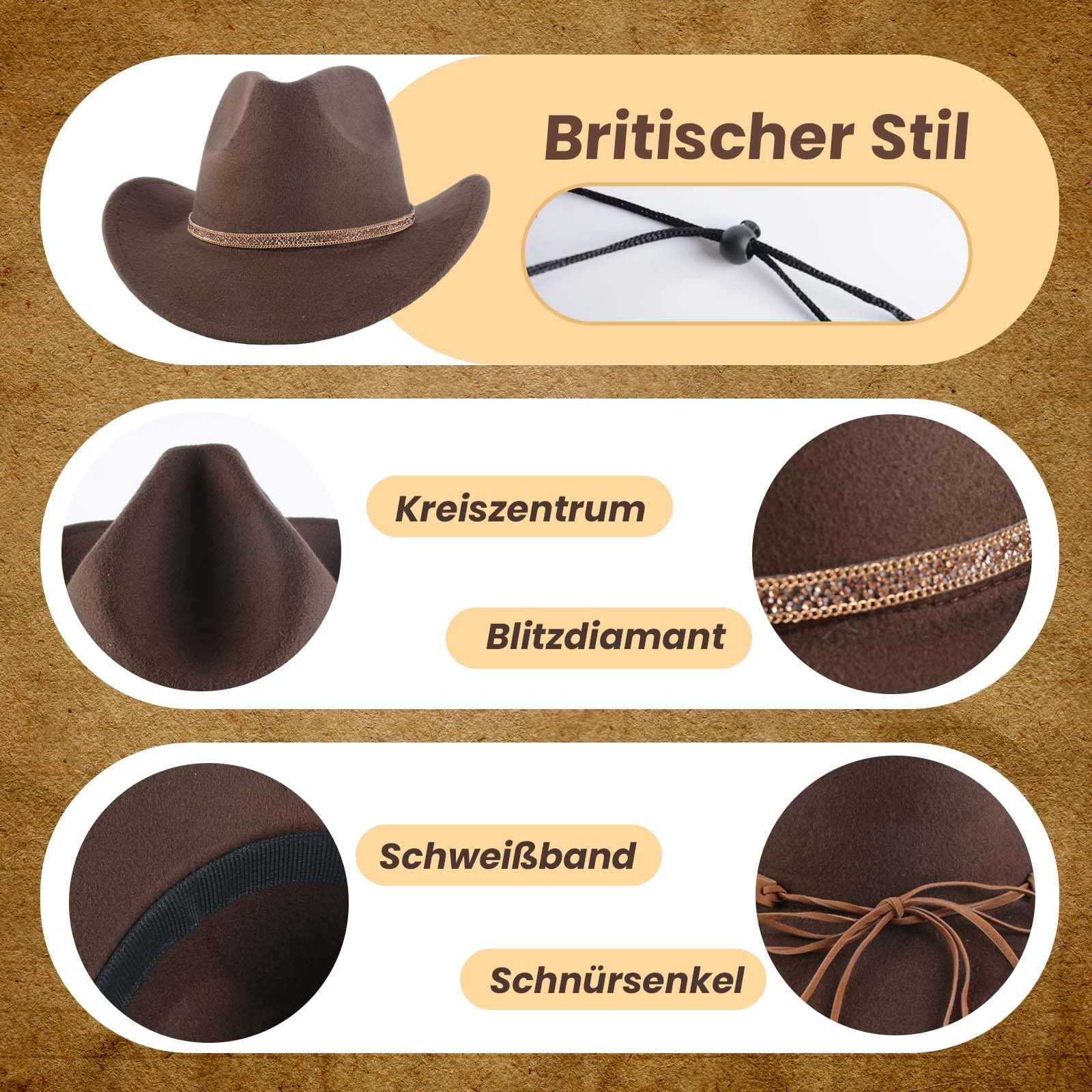 Unisex Cowboyhut aus Filz mit breiter Krempe und Band, Jeanshut für den Outdoor-Western-Stil, Accessoires für Damen und Herren, Kaffee