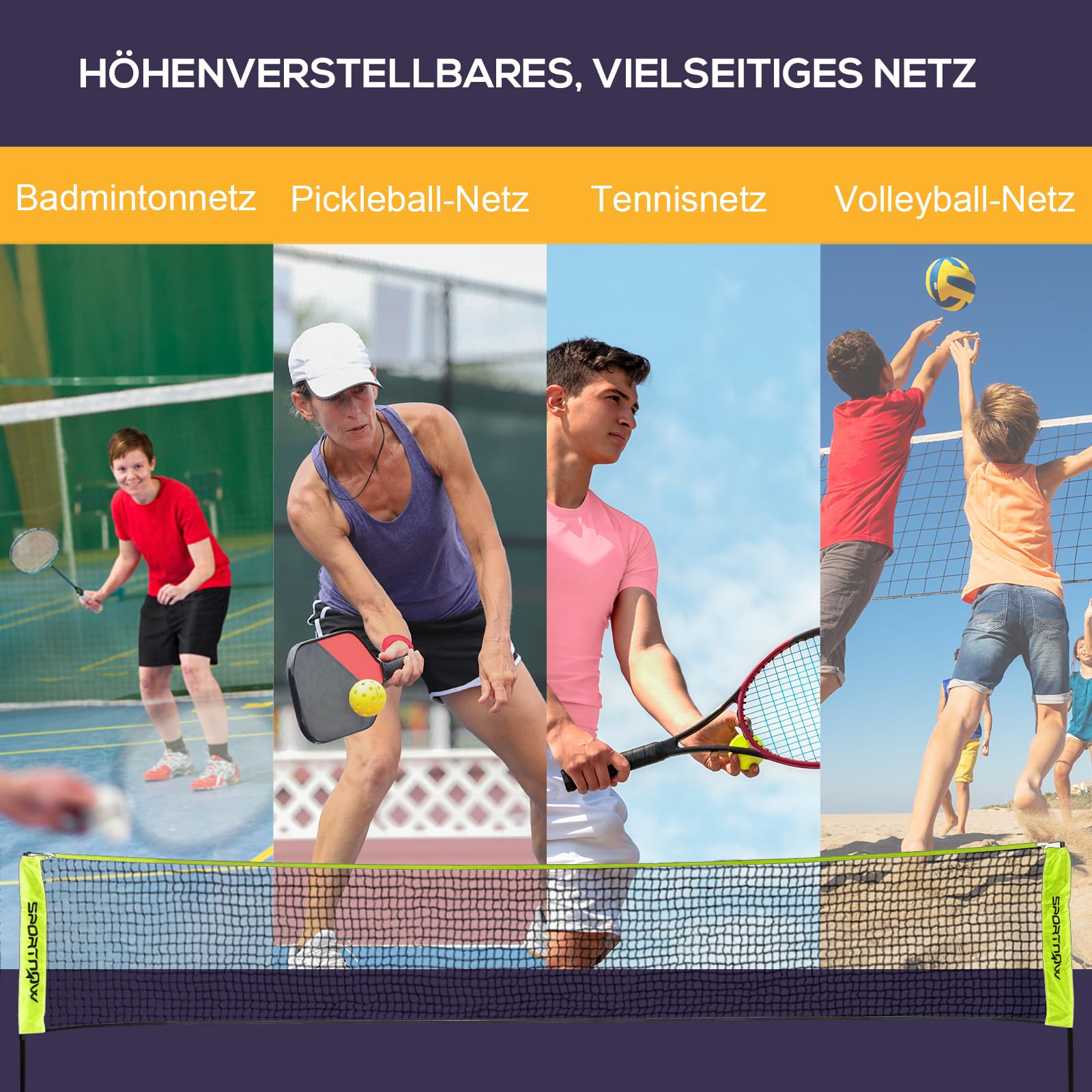 SPORTNOW Badmintonnetz Set Faltbares Volleyballnetz, 103/120/155H cm Höhenverstellbar Federballnetz Tennisnetz mit Transporttasche Indoor Outdoor, Metall Polyester