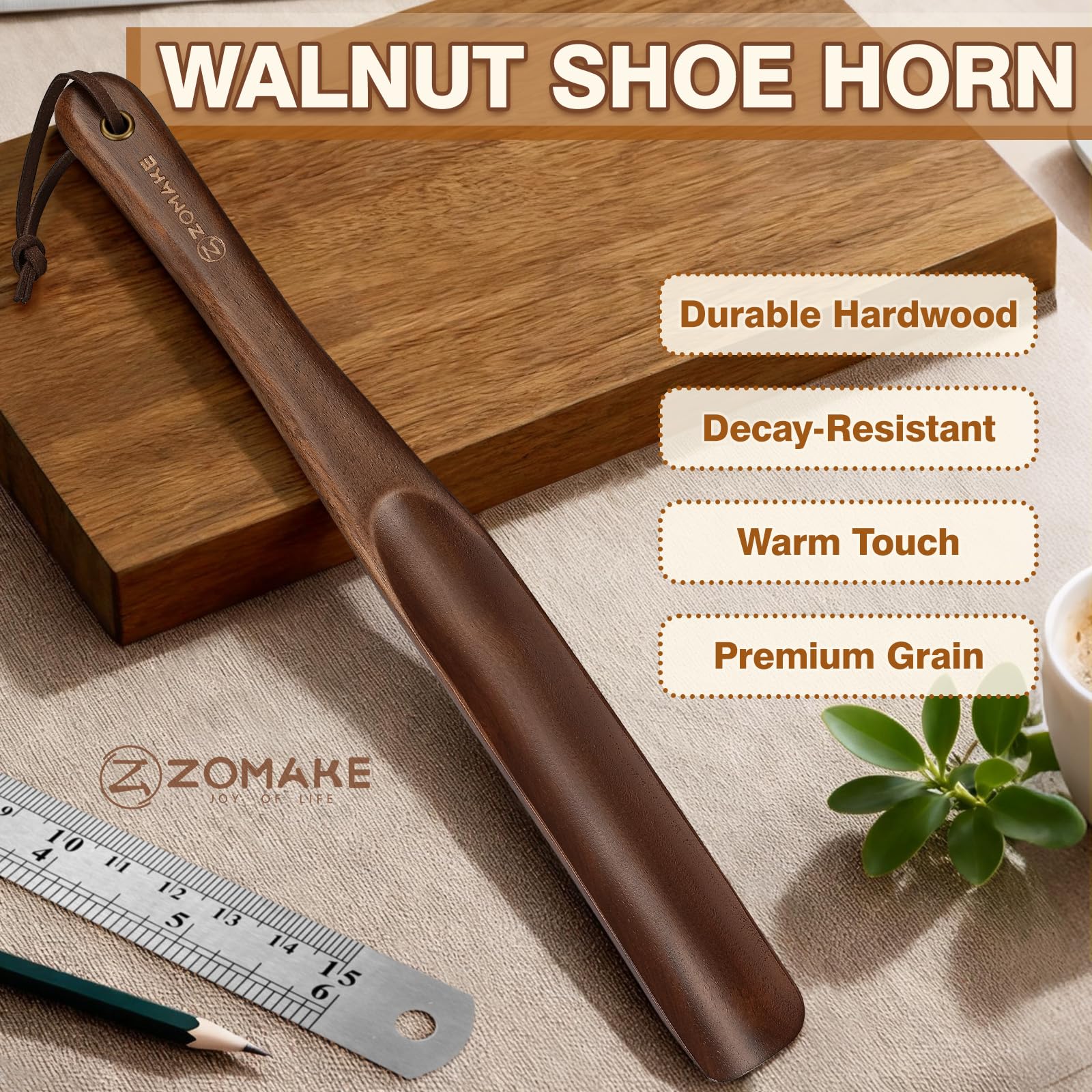 ZOMAKE Calzador de Zapatos Madera,Calzador de Madera Largo 35 cm,Calzadores Zapatos Mango Largo para Hombre Mujer Mayores Niños Ancianos,Calzadores Zapatos Estable,Nogal Material