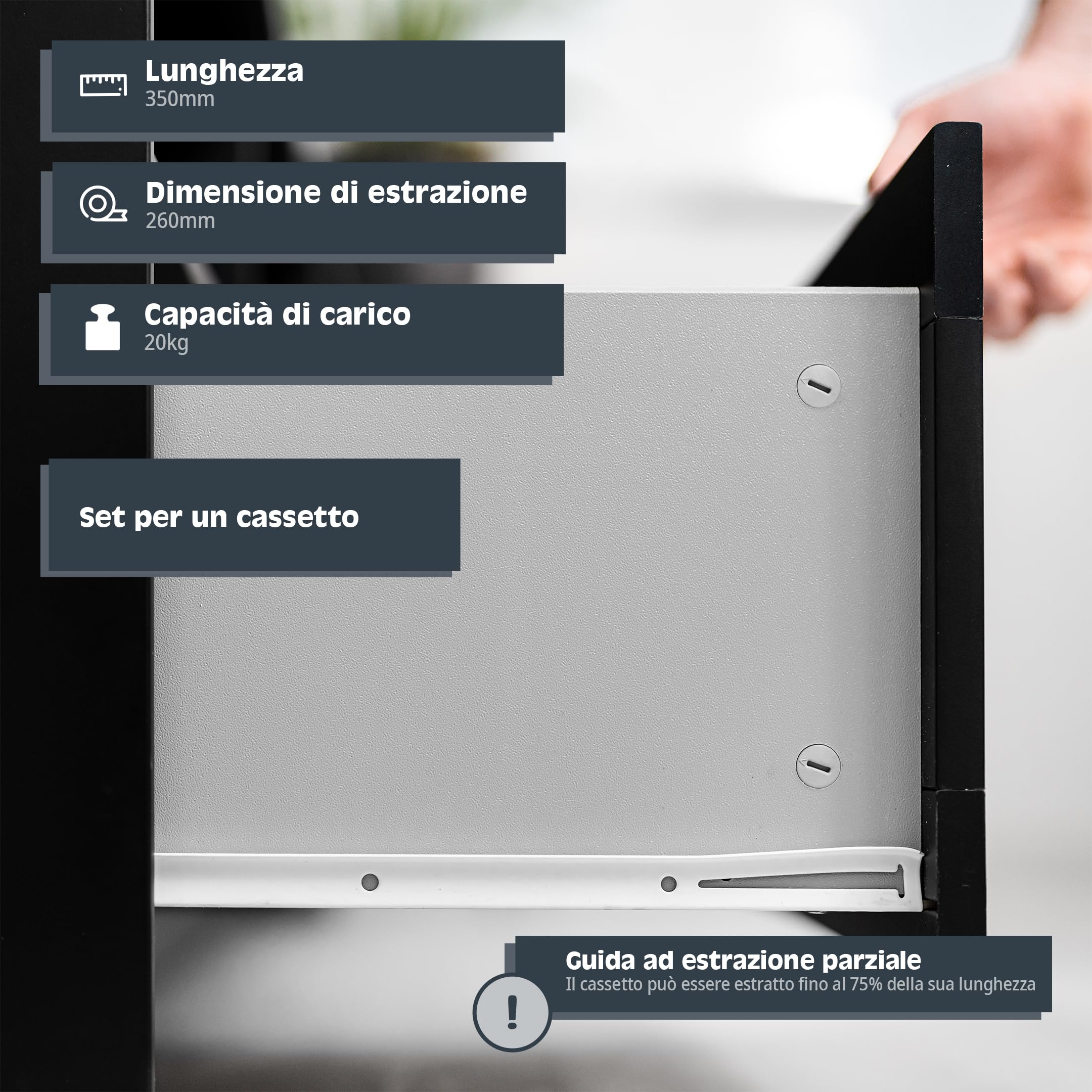 HELPMATE – Guida per binario scorrevole 350 mm – 1 paio – bianca | Guida per cassetti adatta all’estrazione parziale – materiale di fissaggio incluso
