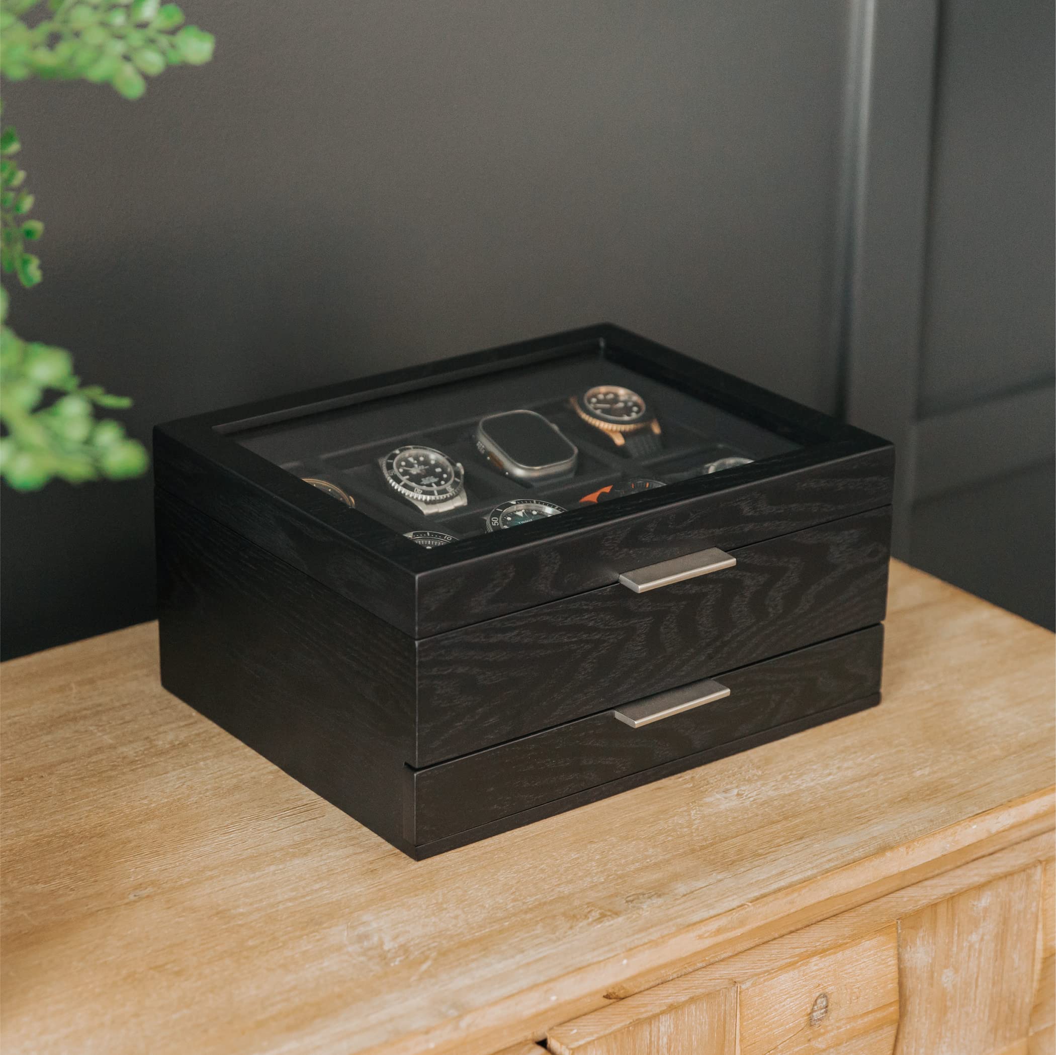 Organizer na zegarek z 8 przegródkami dla mężczyzn, czarne wykończenie, gablota na zegarek, modułowa taca do obsługi samochodu, Apple Watch kompatybilna ze stojakiem Apple Watch, szuflada na akcesoria