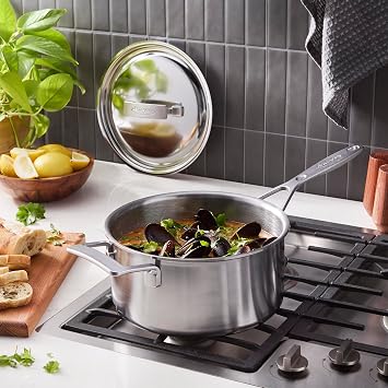 Demeyere Industry 5, 4-qt Stainless Steel Saucepan with Handle Helper, 5-Ply Construction, Compatible on all Stovetops, Made in Belgium