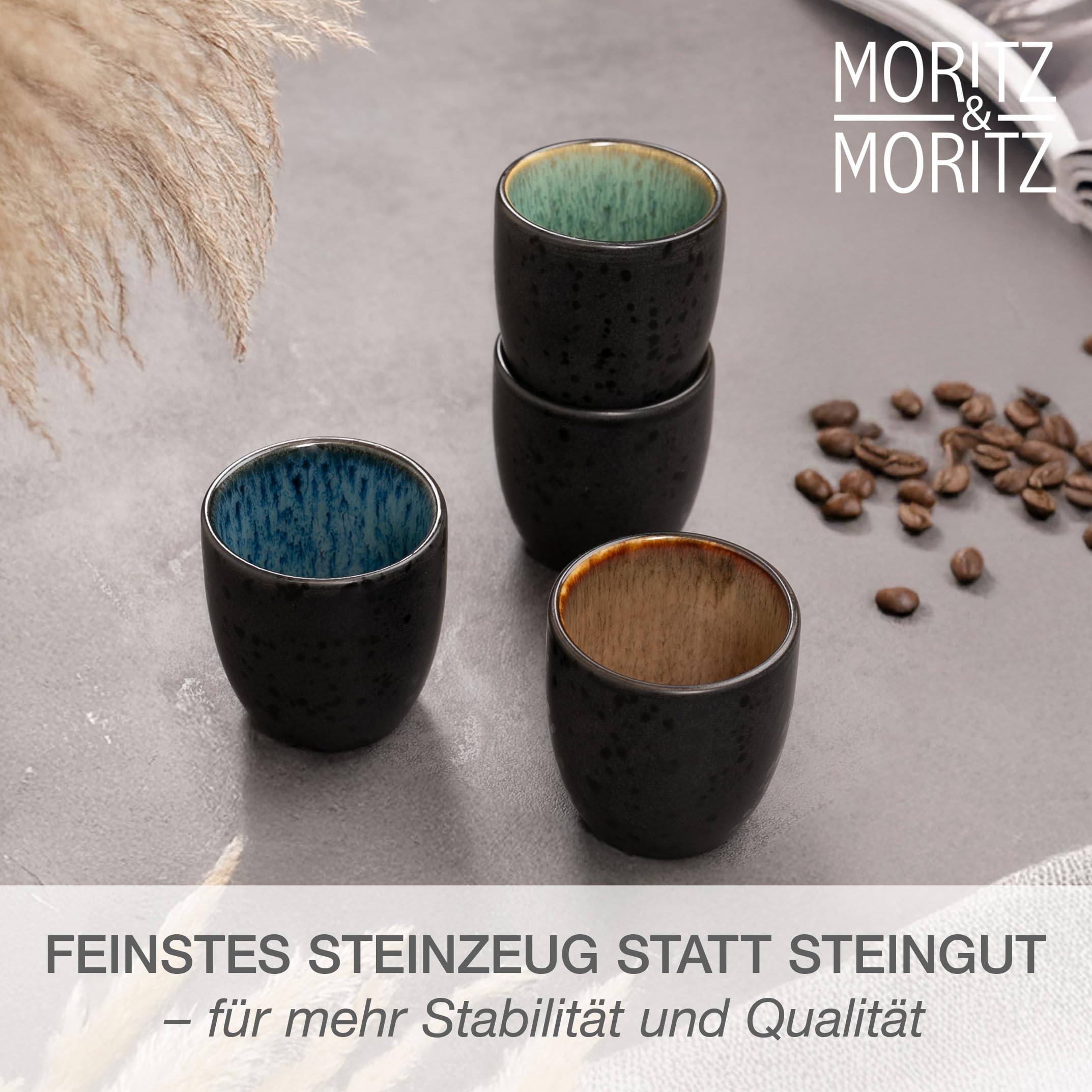 Moritz & Moritz SOLID Espressobecher 4er Pack - Steingut Espresso Tassen 70 ml im Set - Reaktives Design mit farbigen Innenseiten - Robuste kleine Kaffeebecher - Leicht stapelbar & pflegeleicht
