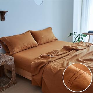 SimpleOpulence 100% French Flax Linen Sheet Set Queen 4pc - Breathable Luxury Bedding with Rust Embroidery, Deep Pocket Fitted Sheet