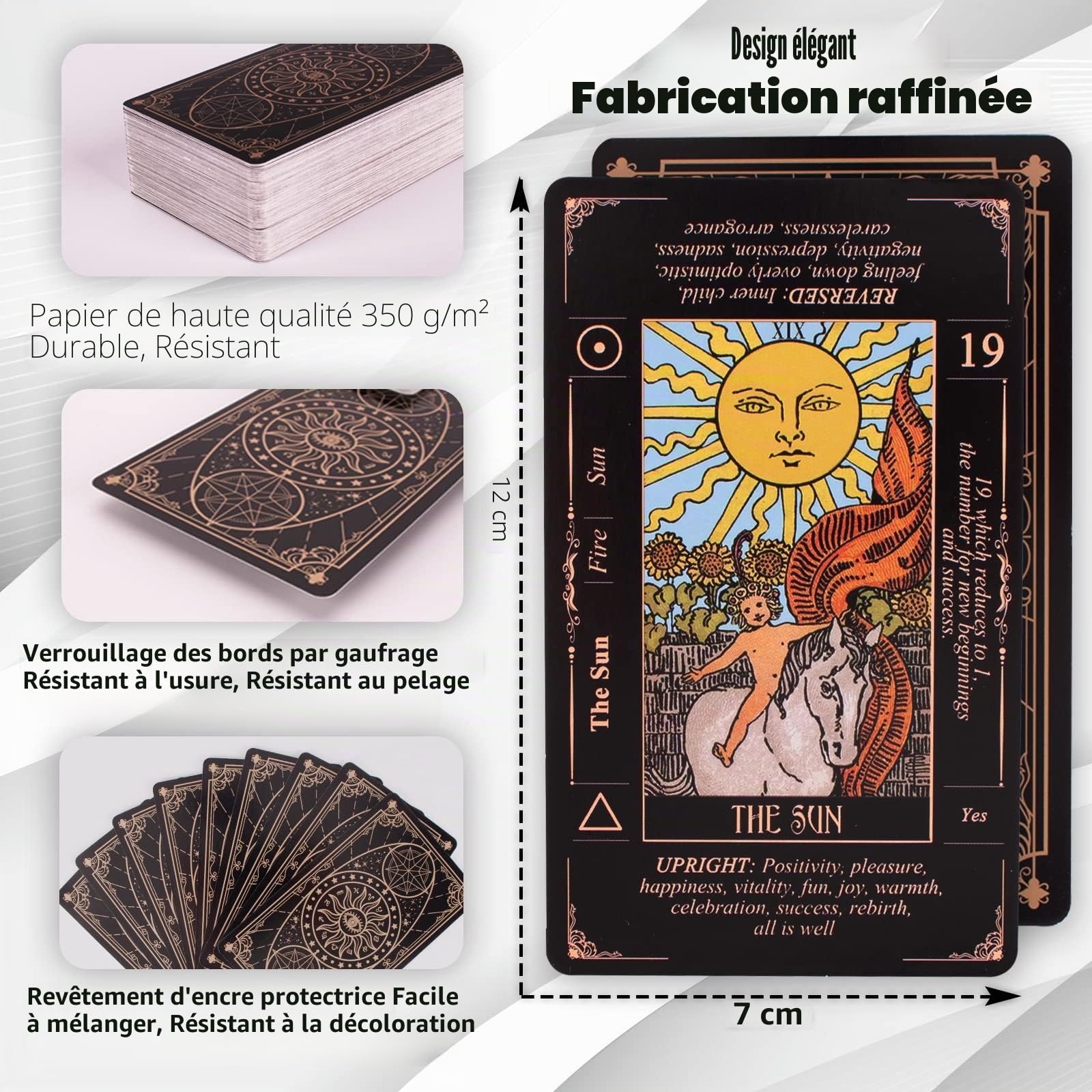 Cartes de tarot pour débutants, jeu de tarot classique avec significations, cartes durables avec livret de guide (français non garanti), noir