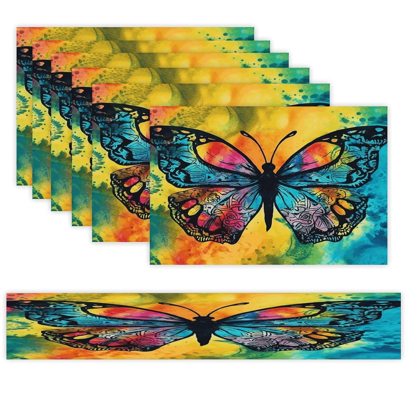 Butterfly Tie Dye Table Runner and Placemats Set of 6 for Kitchen Washable Table Mats Heat Resistant Place Mats Non-Slip Place Mat Wipeable Placemat(6 Placemats+1 Table Runner)