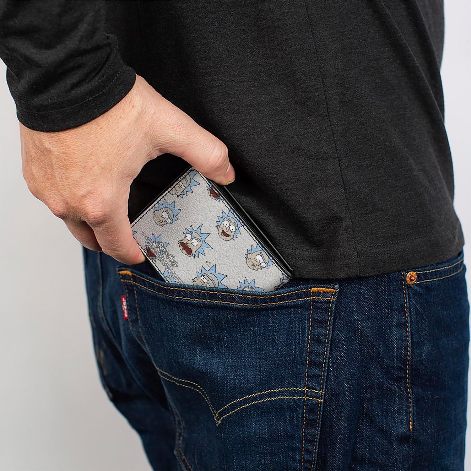 Buckle-Down Rick and Morty Wallet, Bifold, Rick and Morty Rick Expressions Scattered Gray, Vegan Leather