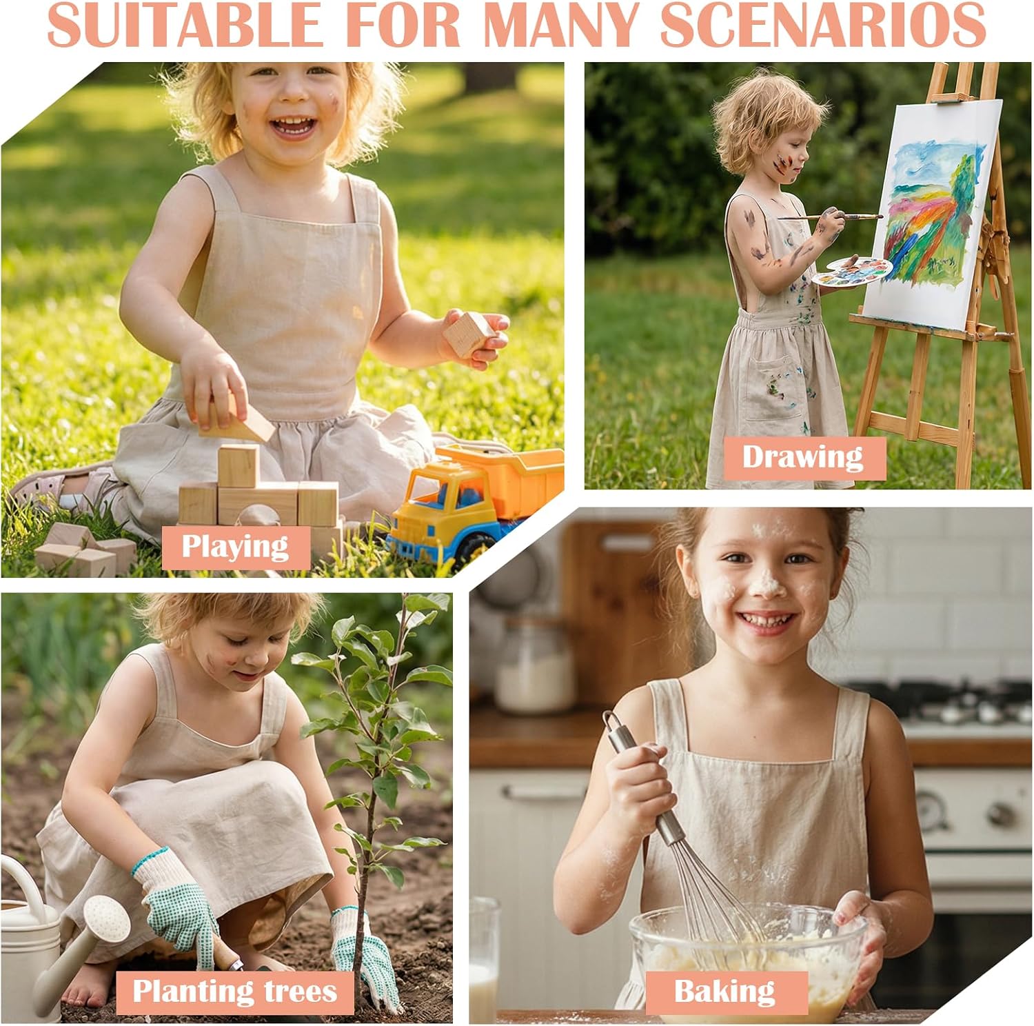 Kids Cross Back Apron with Pockets, Toddler Apron for Girls and Boys, Japanese Style Pinafore Aprons for Toddler Painting, Cooking, Baking, Gardening - Beige - Image 4